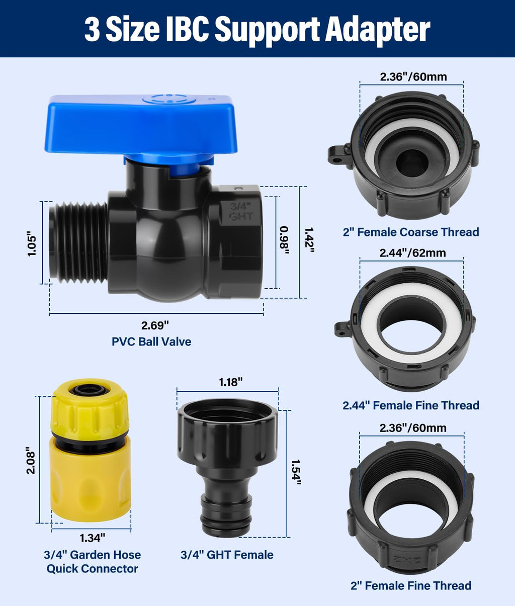 WADEO 330 275 Gallon IBC Tote Fittings, 3 Sizes IBC Tote Hose Adapter, 2.44" Fine, 2" Fine and 2" Coarse Thread, 3/4" Garden Hose Quick Connector