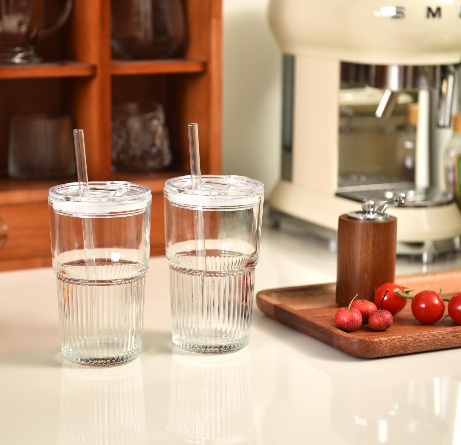 ALINK 4 Pack 16 oz Ribbed Glass Tumblers with Lids and Straws Glassware Cups Set, Thickened Glass, Ideal for Iced Coffee, Smoothies, Cocktails,Juices