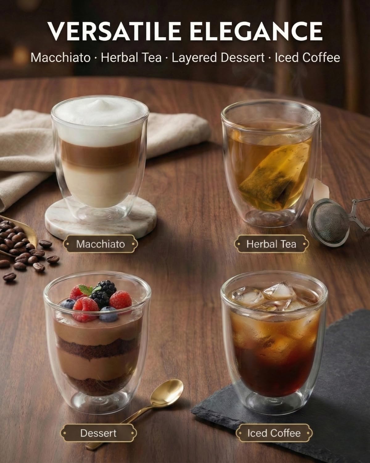 5oz / 150ml Double Walled Espresso Cups, Set of 4 - Glass Coffee Mugs for Cortado, Lungo & Nespresso - Clear Thermal Insulated Demitasse for Cappuccino & Latte - Modern Tasse à Café