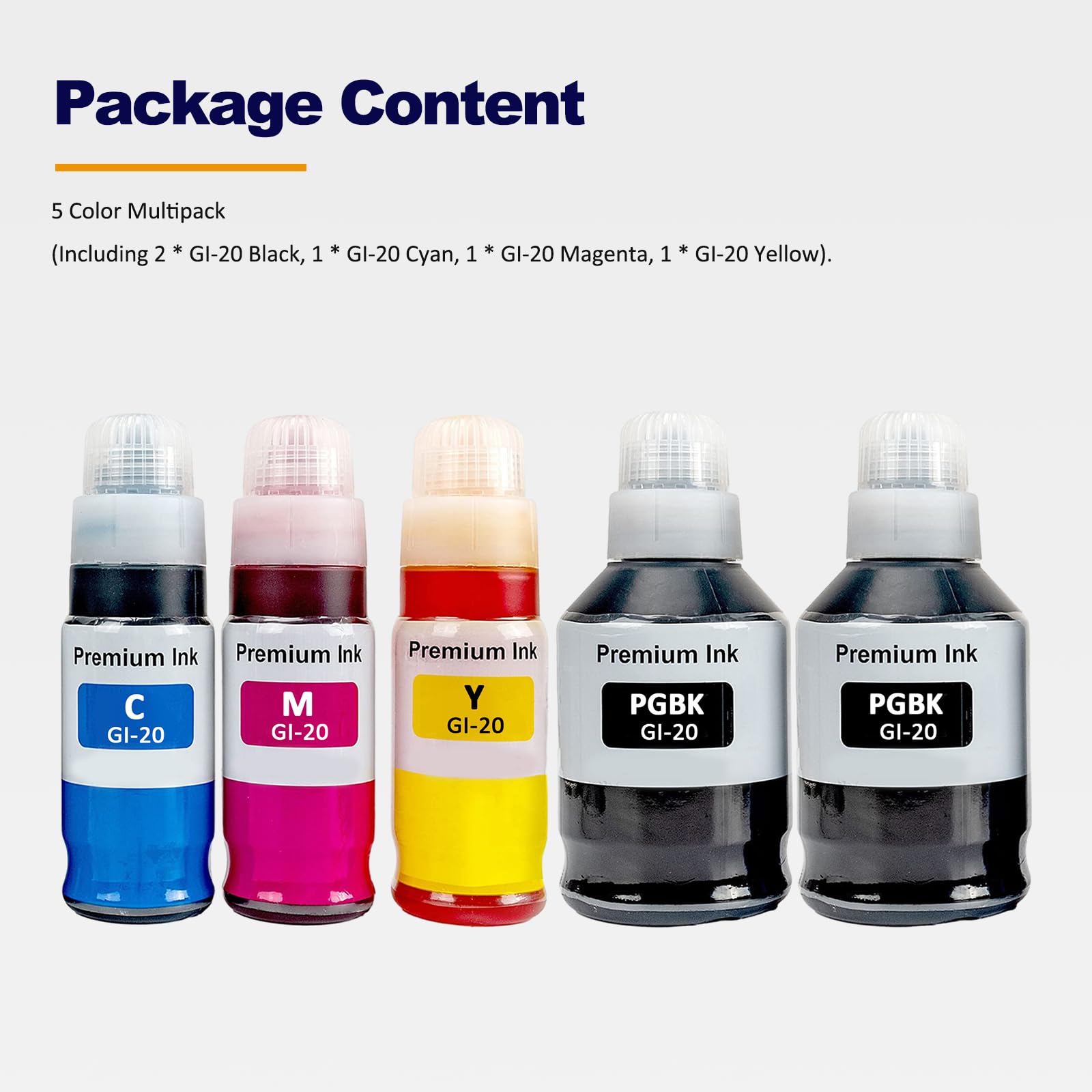 LAIPENG GI-20 GI20 Ink Refill Bottles Compatible for Canon PIXMA G6020 G7020 G5020 Printers 5 Color Multipack (BK*2/C/M/Y)