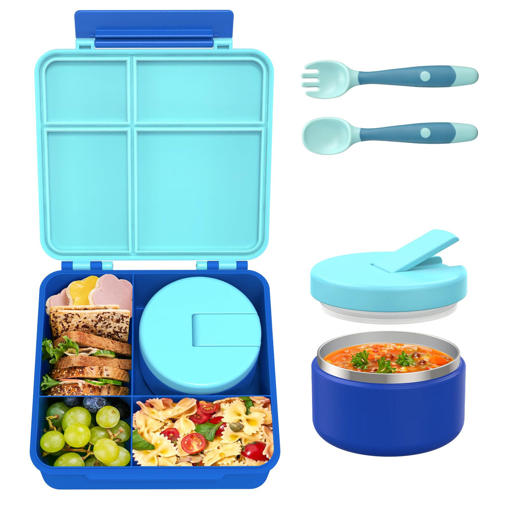 Bento Lunch Box for Kid with 7oz Soup Jar, Leak-Proof Lunch Box with Cutlery, 4-Compartments Lunch Container for School Outdoors Office