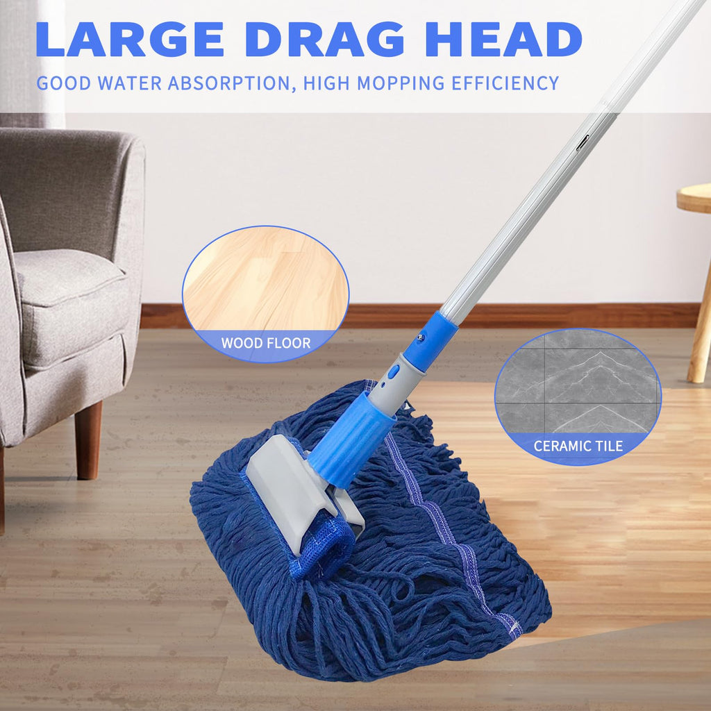 KLHB-YF Blue Heavy-Duty Cotton Mop Set - 59-Inch Durable Handle + 2 Reusable Cotton Mop Heads, Multi-Surface Cleaning for Home, Garage, Office, Workshop & Warehouse Floors