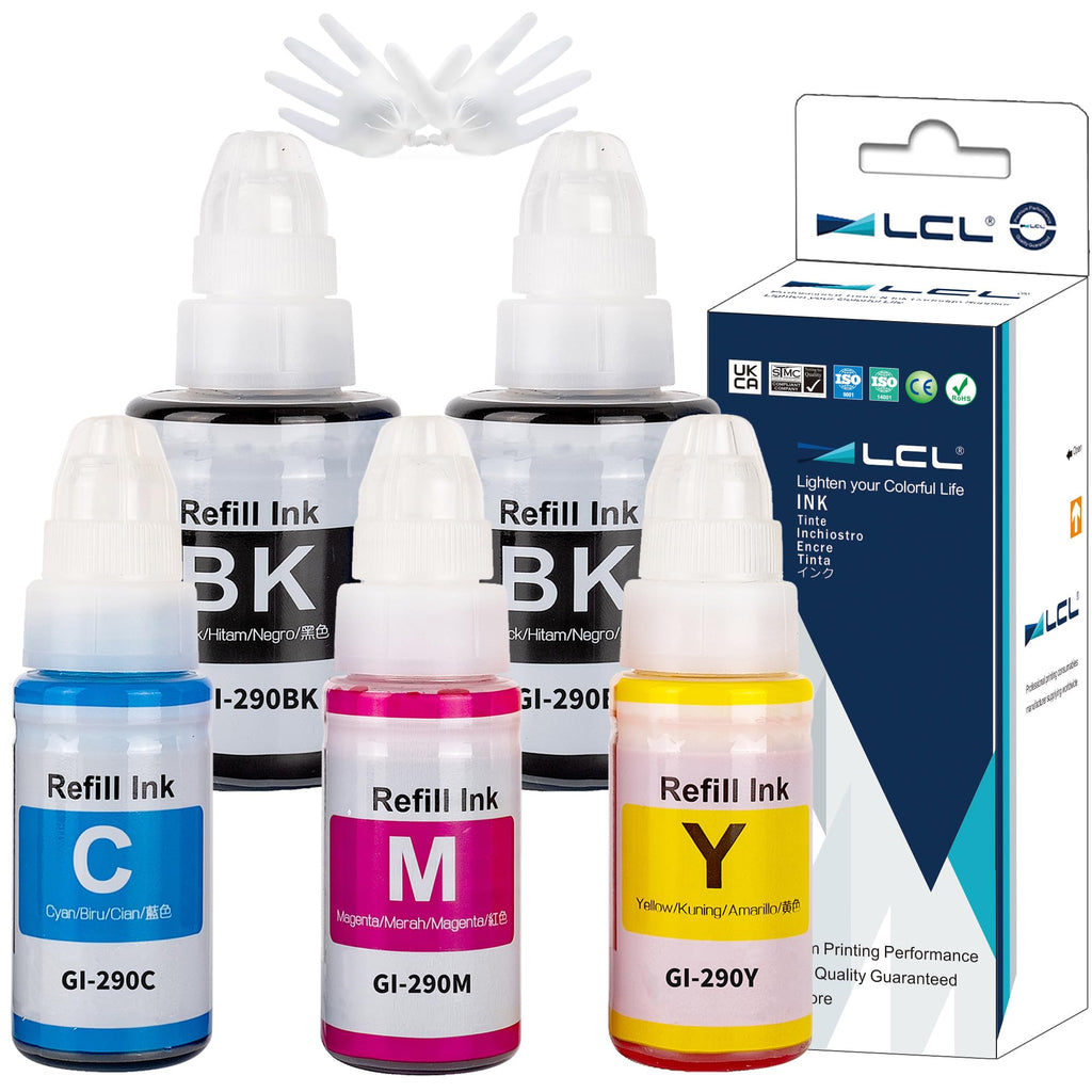 LCL Compatible Ink Bottle for Canon GI290 GI-290 (5-Pack 2Black Cyan Magenta Yellow) for Canon Megatank G3200 G4210 G1000 G1100 G1200, G1310 G1400 G1800 G1810 G1900 G2000 G2100 G2200 G2400 G2800