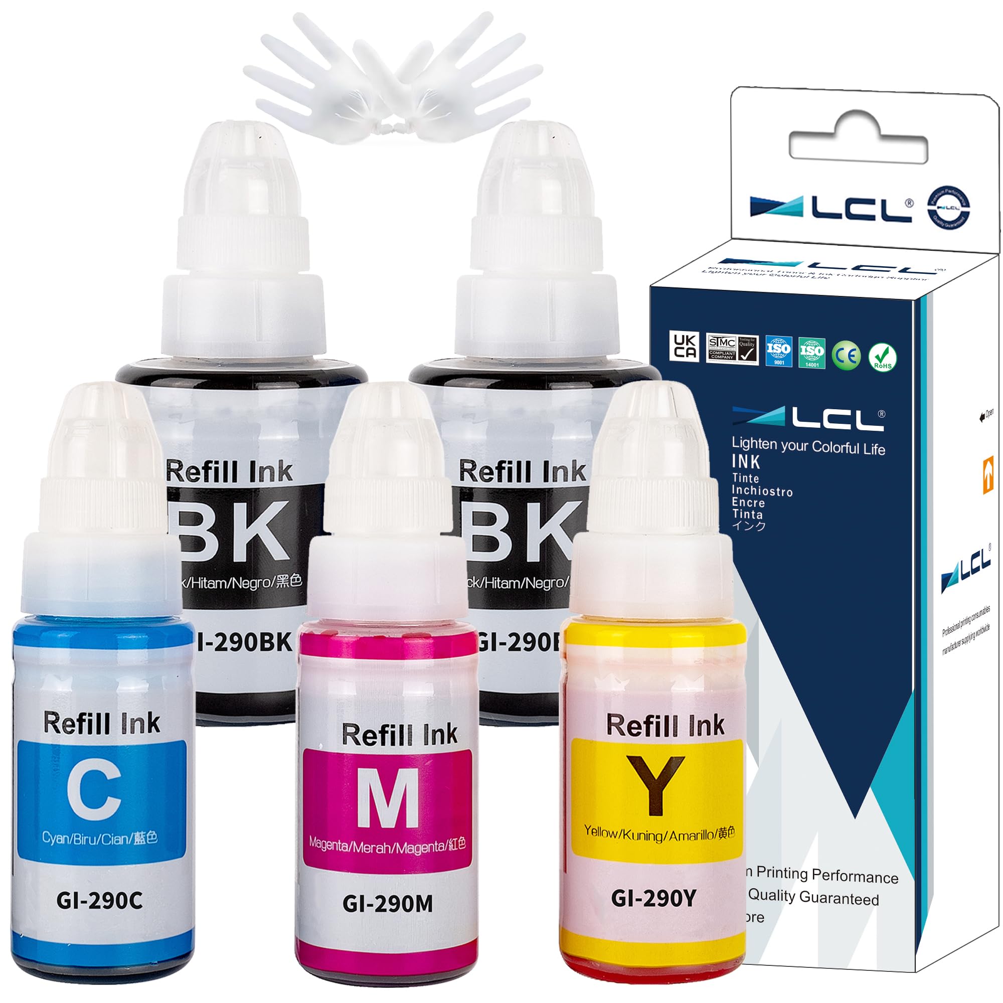 LCL Compatible Ink Bottle for Canon GI290 GI-290 (5-Pack 2Black Cyan Magenta Yellow) for Canon Megatank G3200 G4210 G1000 G1100 G1200, G1310 G1400 G1800 G1810 G1900 G2000 G2100 G2200 G2400 G2800