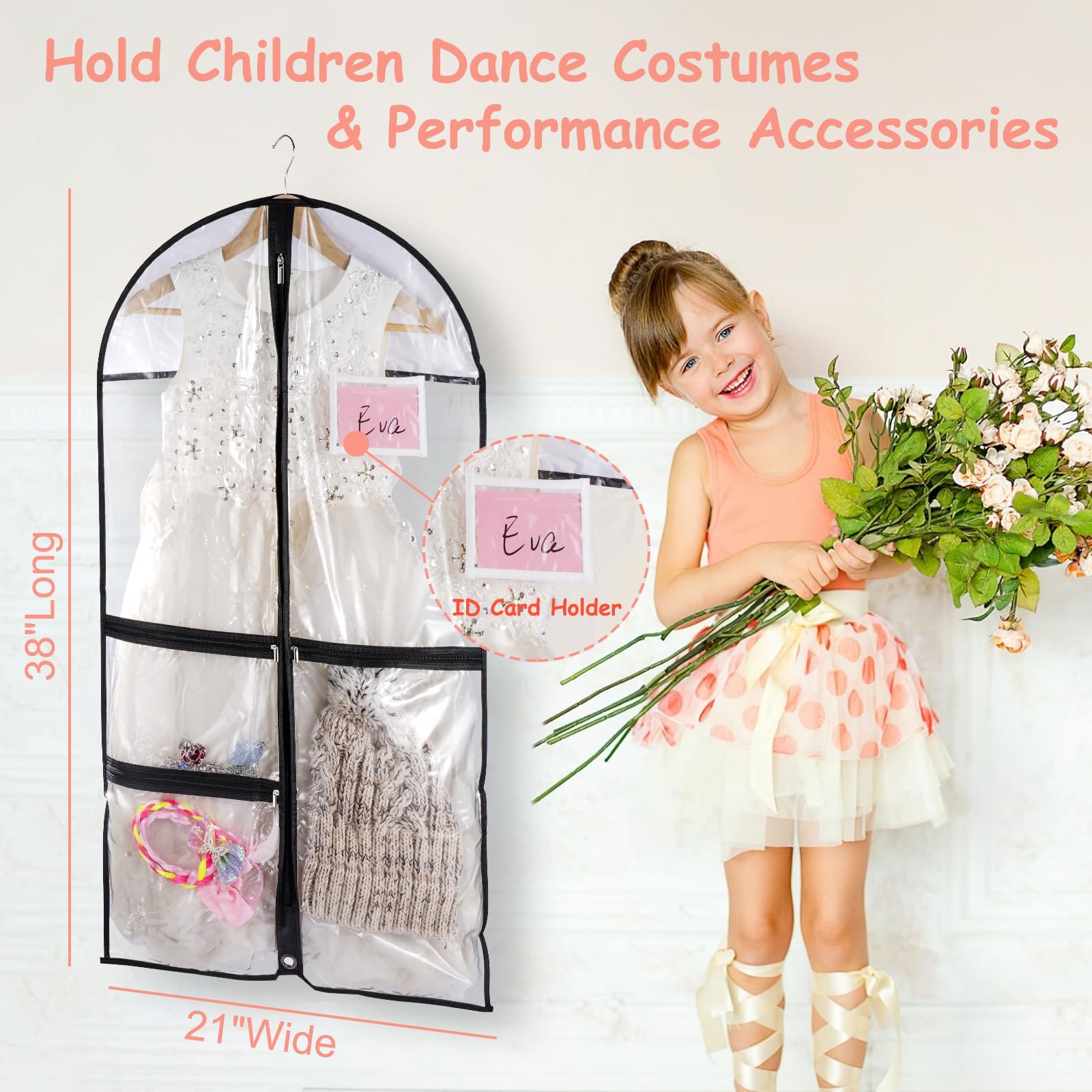 3pcs Clear Dance Garment Bags for Costumes Suits Coats with Zipper 38" Children Hanging Clothes Storage, Foldable Waterproof Dresses Cover Protector with ID Slot for Closet Travel Competitions