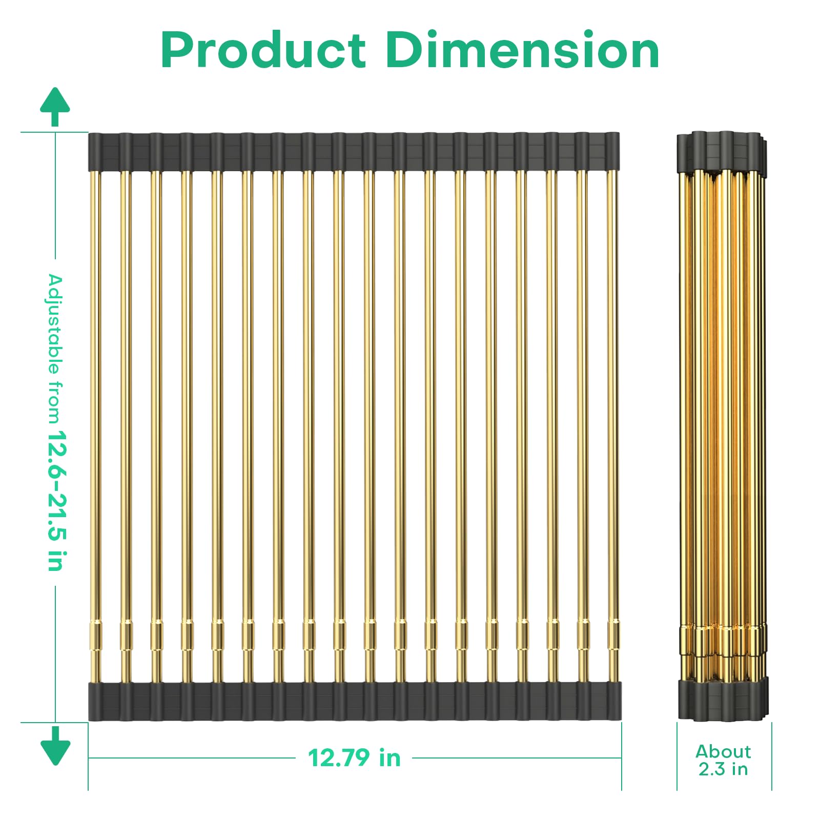 ARAINY Large Telescopic Draining Rack, Roll Up Heat-Resistant Dish Drainer for Stainless Steel Sinks, Non-Slip Silicone Rolling Dish Drainer Roll Rack Gold 18 tube12.59-21.25x12.79''