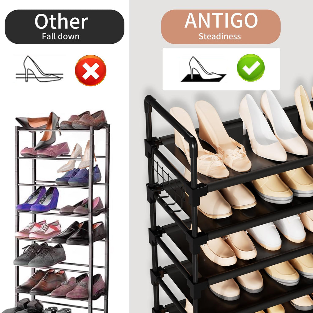 10 Tier Shoe Rack, Large Capacity Tall Shoe Storage Organizer Holds 50-55 Pairs Shoes and Boots, Vertical Shoe Shelf Cabinet with Versatile Hooks for Closet Entryway Garage Bedroom
