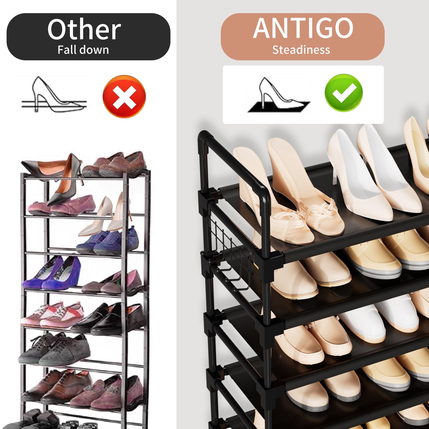10 Tier Shoe Rack, Large Capacity Tall Shoe Storage Organizer Holds 50-55 Pairs Shoes and Boots, Vertical Shoe Shelf Cabinet with Versatile Hooks for Closet Entryway Garage Bedroom