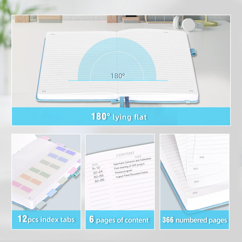 Journal Notebook with 365 Numbered Pages, Large B5 College Ruled Notebook for Work, Hardcover Leather Journal for Women Men, Lined Journals Notebook with Index Stickers for Writing, 7.6" X 10", Blue