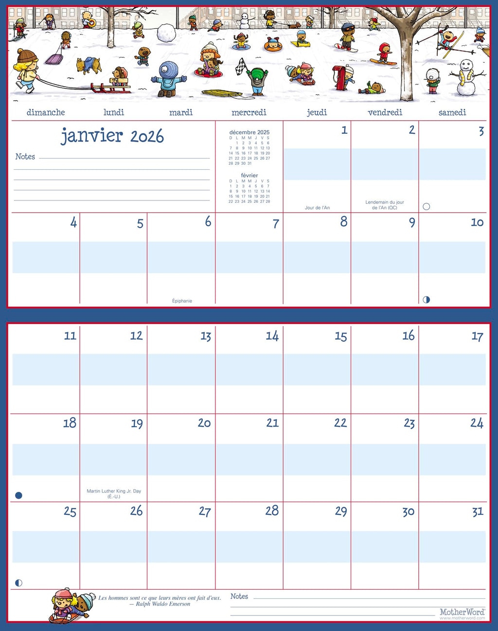 2026 MotherWord Ultimate Fridge Magnetic Hanging Family Calendar, 16-Month Family Planner, Sept 2025 - Dec 2026, French, Medium Side by Side Version, 15" x 9.5" (MWMFT12826)