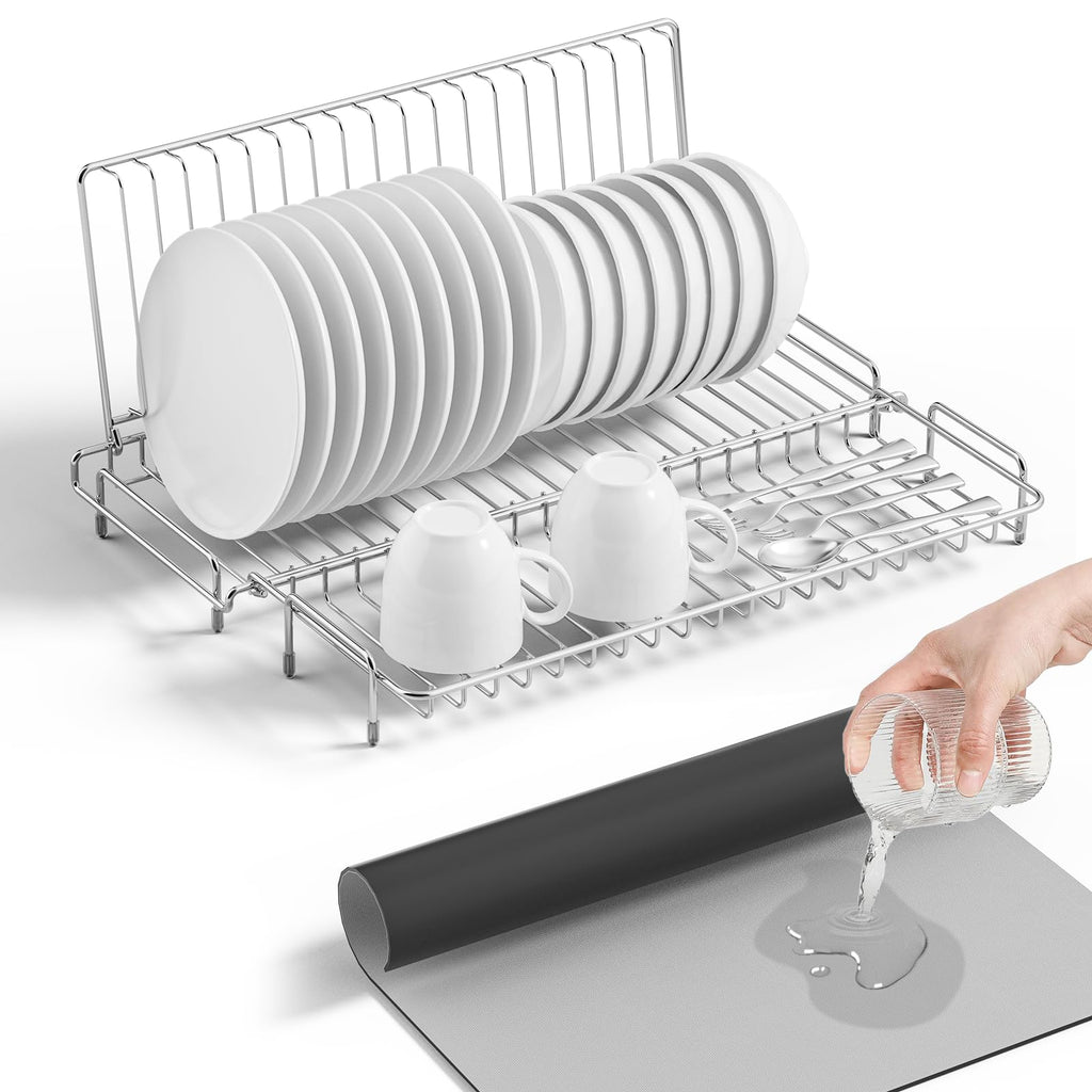 Chilinii Dish Drying Rack Stainless Steel Collapsible Foldable Small Dish Rack Countertop Portable Drainer with Drying Mat for Kitchen Dorm RV Campers Travel Trailer Space Saving