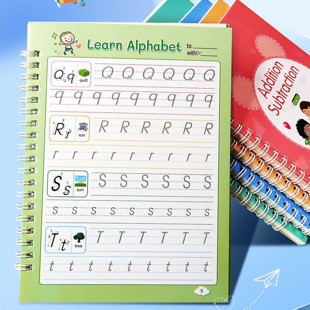Magic Ink Practice Copybooks for Kids, Reusable Grooved Handwriting Training Workbooks for Preschools, Grooves Design Pen Control Tools, Early Childhood Education Materials (20cmX14cm, 5 Books)