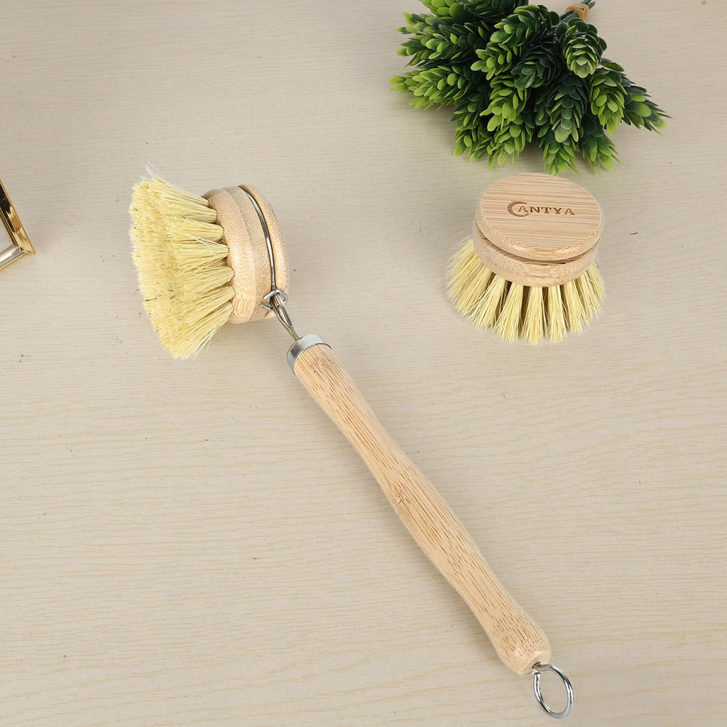 Bamboo Dish Brush with Handle - Soft Bristle, Eco-Friendly Vegetable Brush, Compostable & Sustainable, Bamboo Dish Scrubber for Cleaning Kitchen Utensils