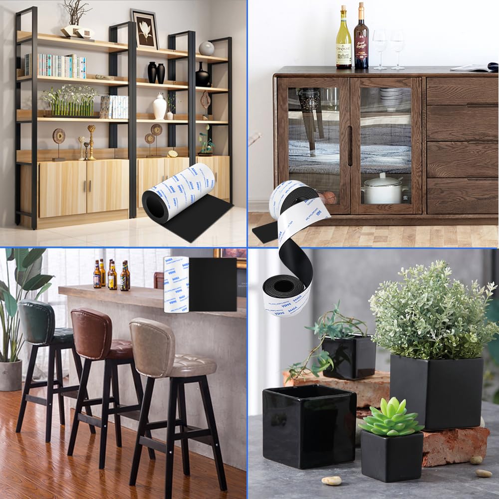 Non Slip Furniture Pads, 2 Rolls Non Skid Rubber Pads Black, Rubber Tape, Adhesive Rubber Strips for Any Furniture and Appliances 4x40 inch+1x40 inch