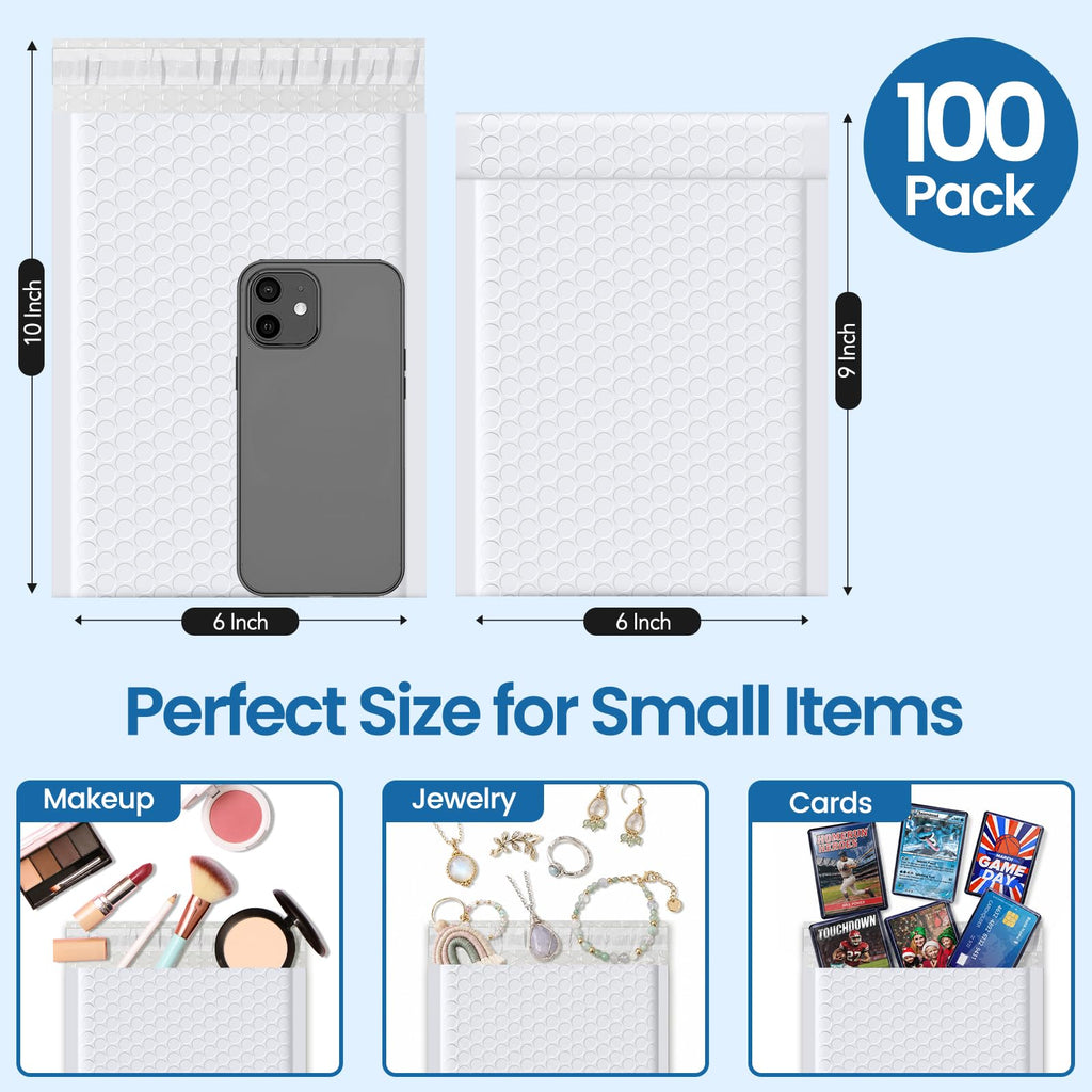 Metronic White Bubble Mailers 6x10 100 PC Self-Seal Bubble Mailer Usable Size 6x9 Thick Padded Envelopes Cushion Mailing Padded Envelope for Makeup Jewelry