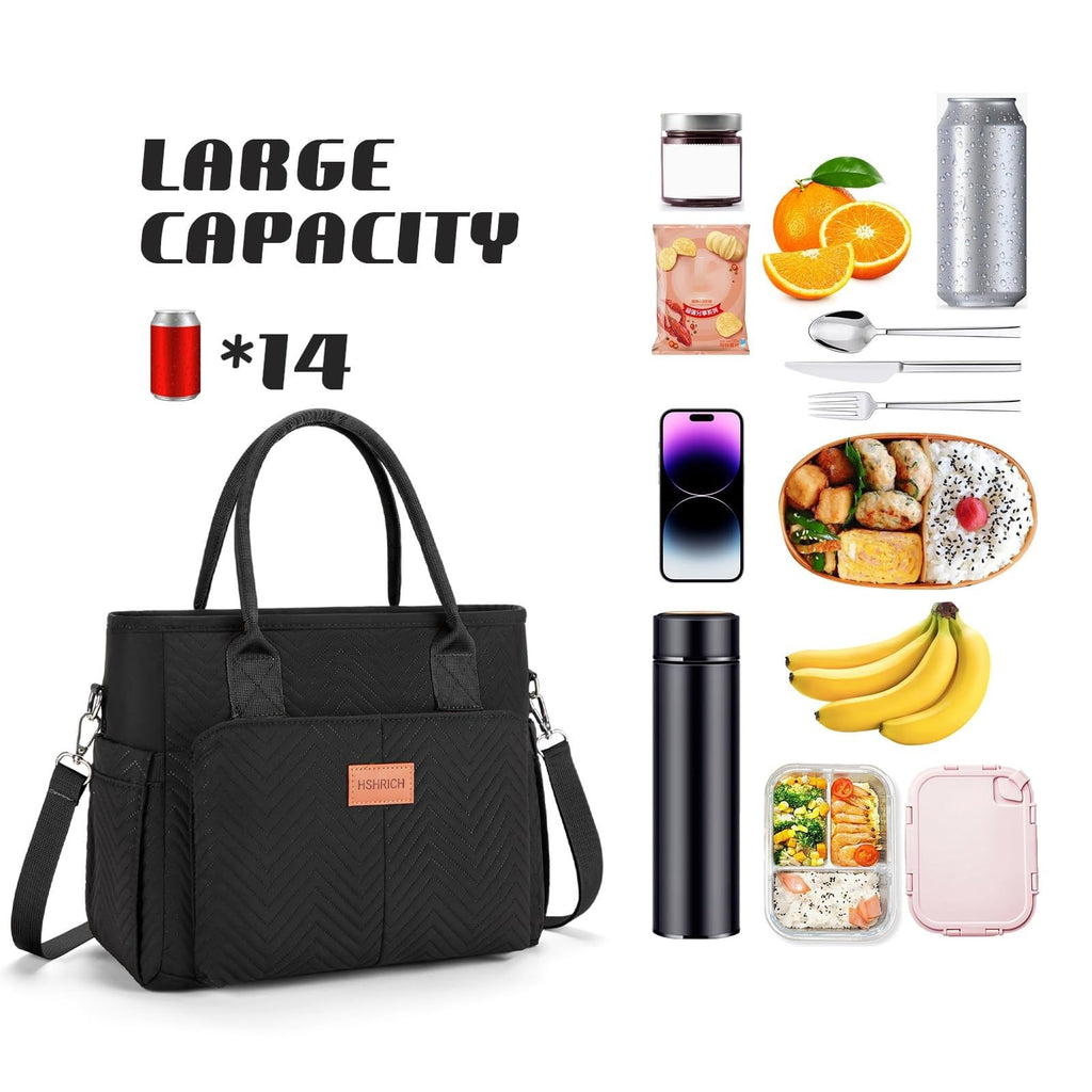 Lunch Bag for Women, Insulated Lunch Box for Work, Large Leakproof Cooler Purse with Side Pockets & Removable Shoulder Strap Women's Lunch Tote Bag for Picnic Work Beach Cute Lunch Bags (Black)