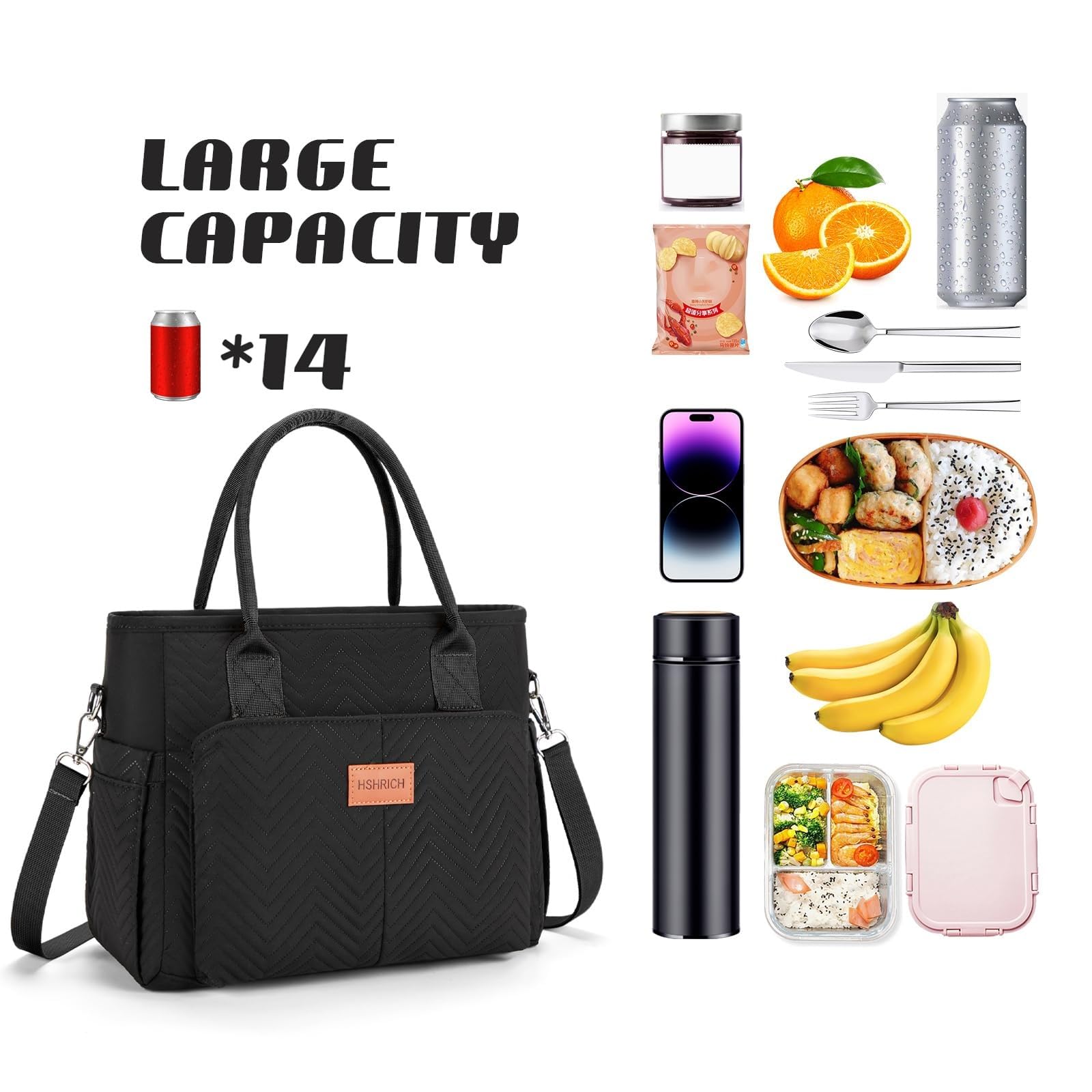Lunch Bag for Women, Insulated Lunch Box for Work, Large Leakproof Cooler Purse with Side Pockets & Removable Shoulder Strap Women's Lunch Tote Bag for Picnic Work Beach Cute Lunch Bags (Black)