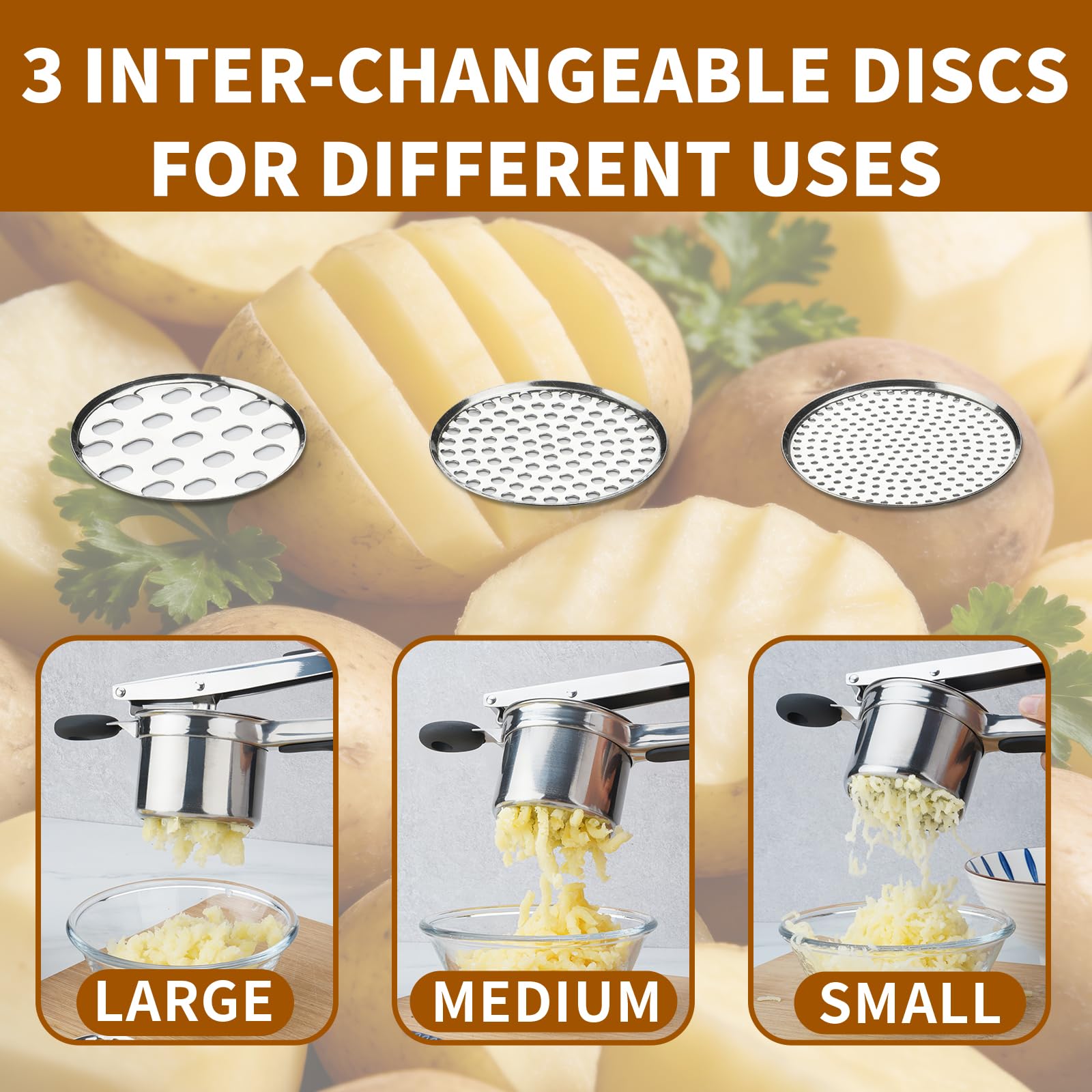 Roryimke 15oz Potato Ricer Heavy Duty Stainless Steel 3 Interchangeable Discs Potato Masher Spaetzle Maker with Silicone Handle Kitchen Tool Perfect Ricer for Mashed Potatoes