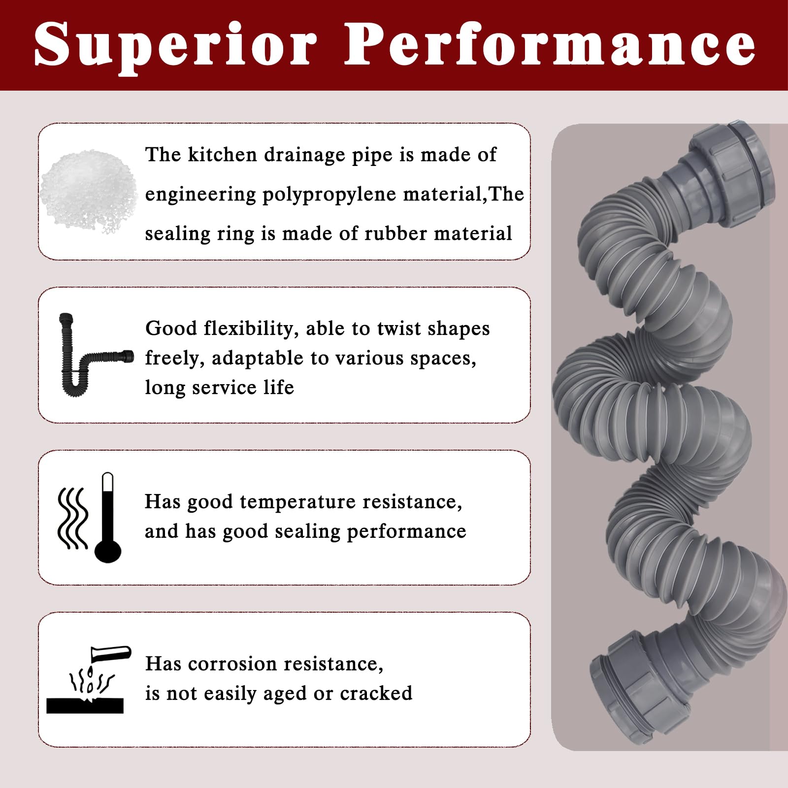 1-1/2 Inch Flexible Sink Drain Pipe, Scalable 13-33.5 Inch P Trap Pipe, Kitchen Sink Drain Kit，Bathroom Sink Drain, Contains 1-1/4 Inch Adapter (Gray)
