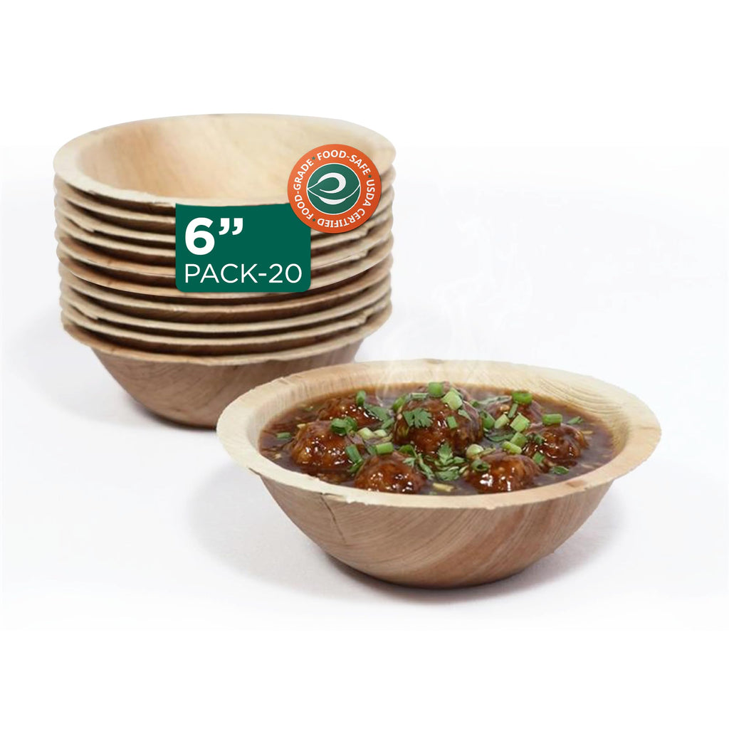 ECO SOUL 100% Compostable Large 6 Inch 16 Oz Palm Leaf Bowls [20-Pack] Disposable Dessert Bamboo Style I Heavy Duty Eco-Friendly Sturdy Bowl Biodegradable Eco