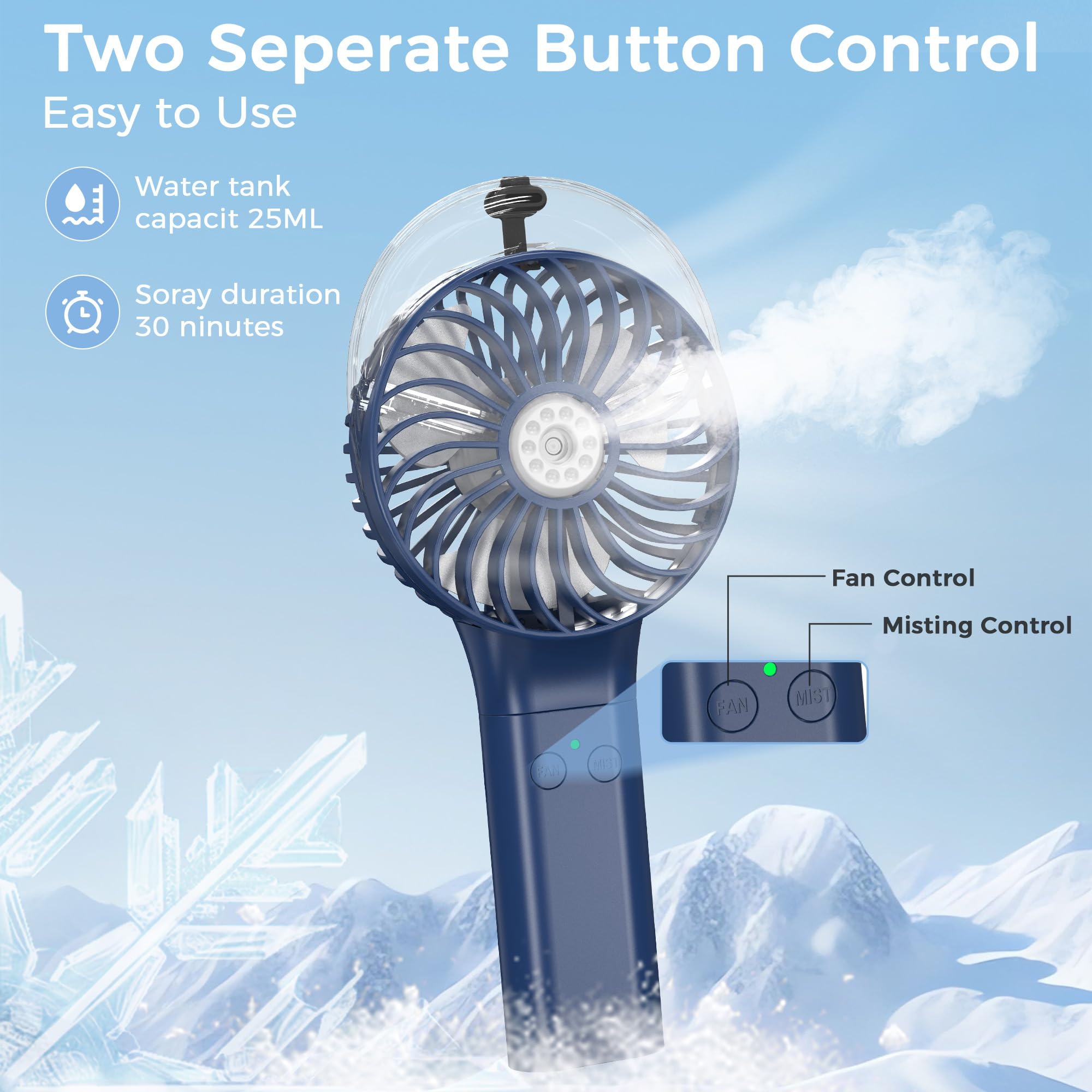 COMLIFE Portable Handheld Misting Fan, 3000mAh Rechargeable Battery Operated Spray Water Mist Fan, Foldable Mini Personal Fan for Travel, Makeup, Home, Office, Camping, Outdoors (BLUE)