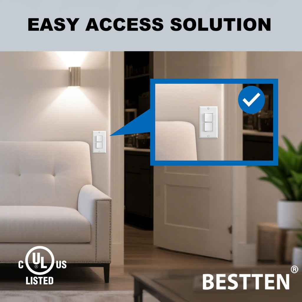 [2 Pack] BESTTEN Double Light Switch, Single Pole Combination Interrupter, 15A 120V, Dual Control Paddle Rocker, Residential & Commercial Use, cUL Listed, White