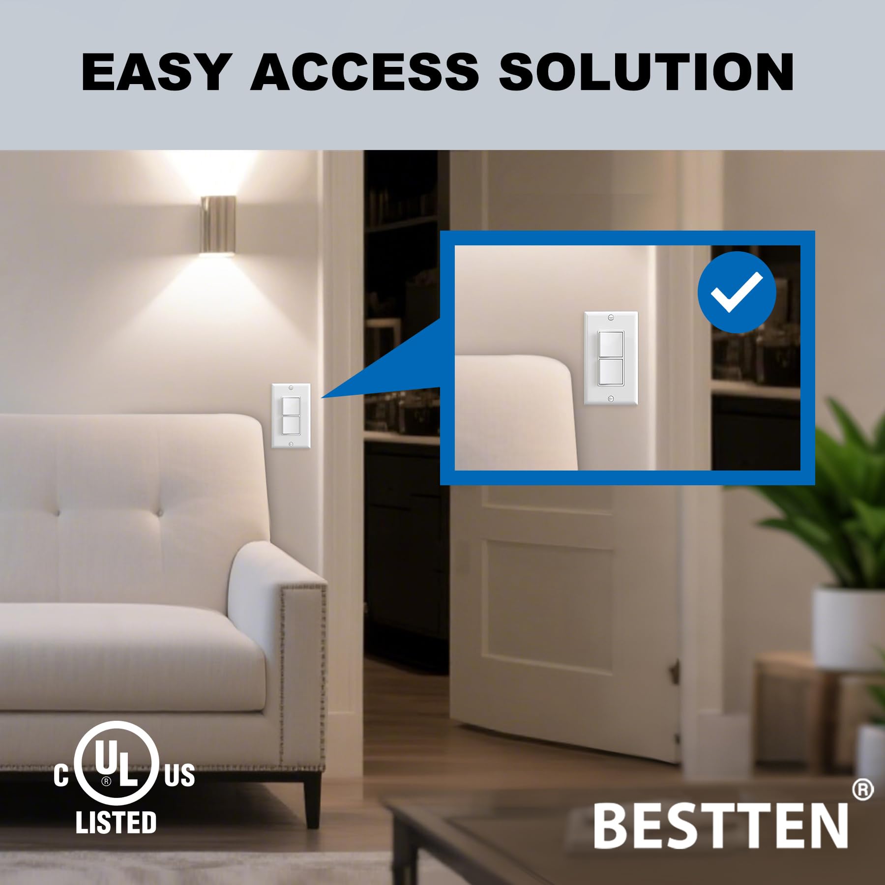 [2 Pack] BESTTEN Double Light Switch, Single Pole Combination Interrupter, 15A 120V, Dual Control Paddle Rocker, Residential & Commercial Use, cUL Listed, White