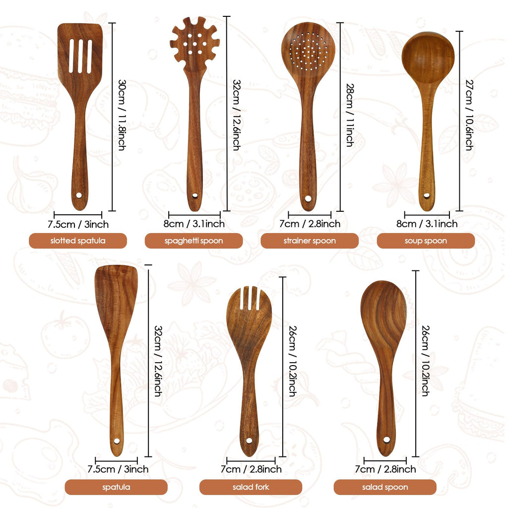 comfoyar Teak Wooden Spoons for Cooking, 7 Pieces Kitchen Cooking Utenails Set with Spatula and Ladle, Heat Resistant Kitchen Cookware for Nonstick Pan