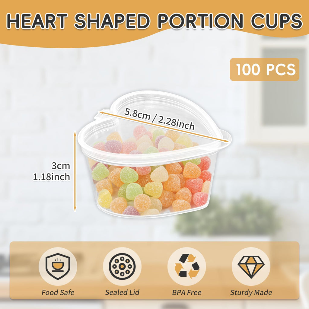 100 Sets 1.5 oz Heart Shaped Jello Shot Cups with Lids, Disposable Plastic Cups,Small Condiment Containers,Plastic Souffle Cup, Mini Sample Tasting Cups, Dipping Sauce Cup To Go Bowls, Clear