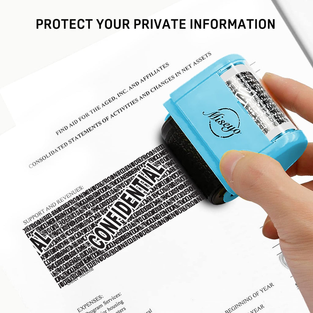 Miseyo Identity Theft Protection Roller Stamp Set - Blue (6 Refill Ink Incleded)