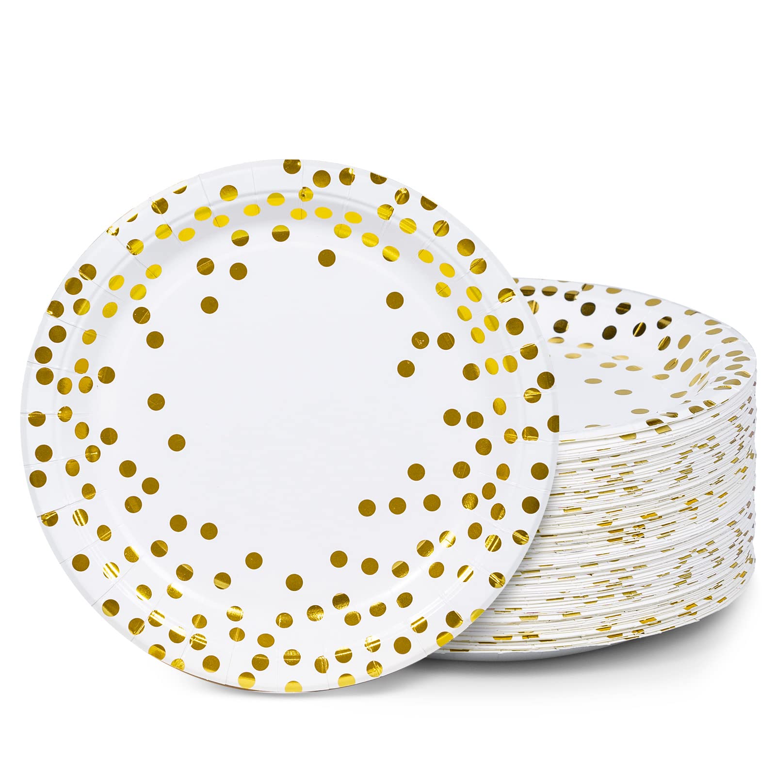 MATICAN 100-Pack Disposable White & Gold Party Plates, 9-Inch with Foil Polka Dots
