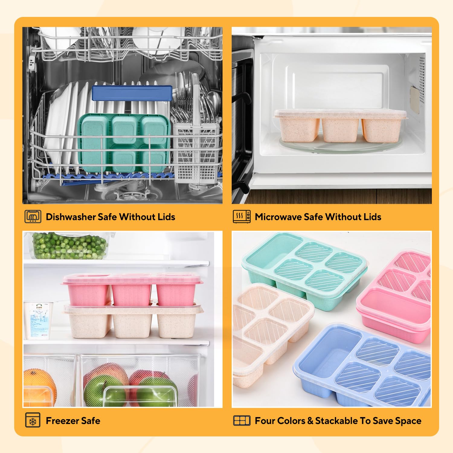 4 Pack Bento Snack Box, 5 Compartment Lunchable Snack Containers, Stackable Bento Lunch Boxes for Kids & Adults, Reusable Wheat Straw Meal Prep Lunch Containers for School，Work and Travel