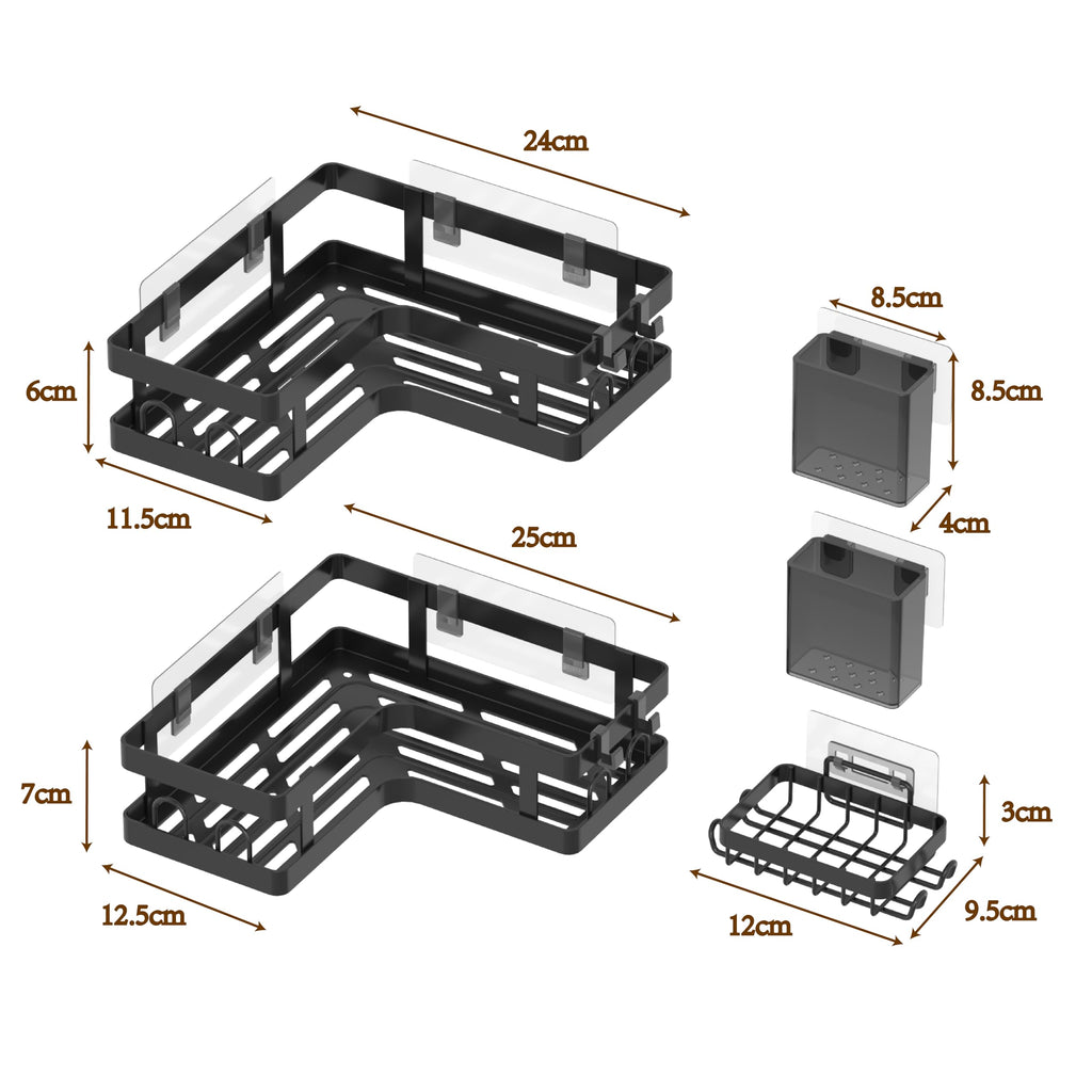 Gabeeriso Shower Caddy Corner, 2 Pack Bathroom Shelves with 12 Hooks, Black Rust-Resistant Adhesive Shower Shelf No Drilling with Independent Soap Holder (5 Pack)