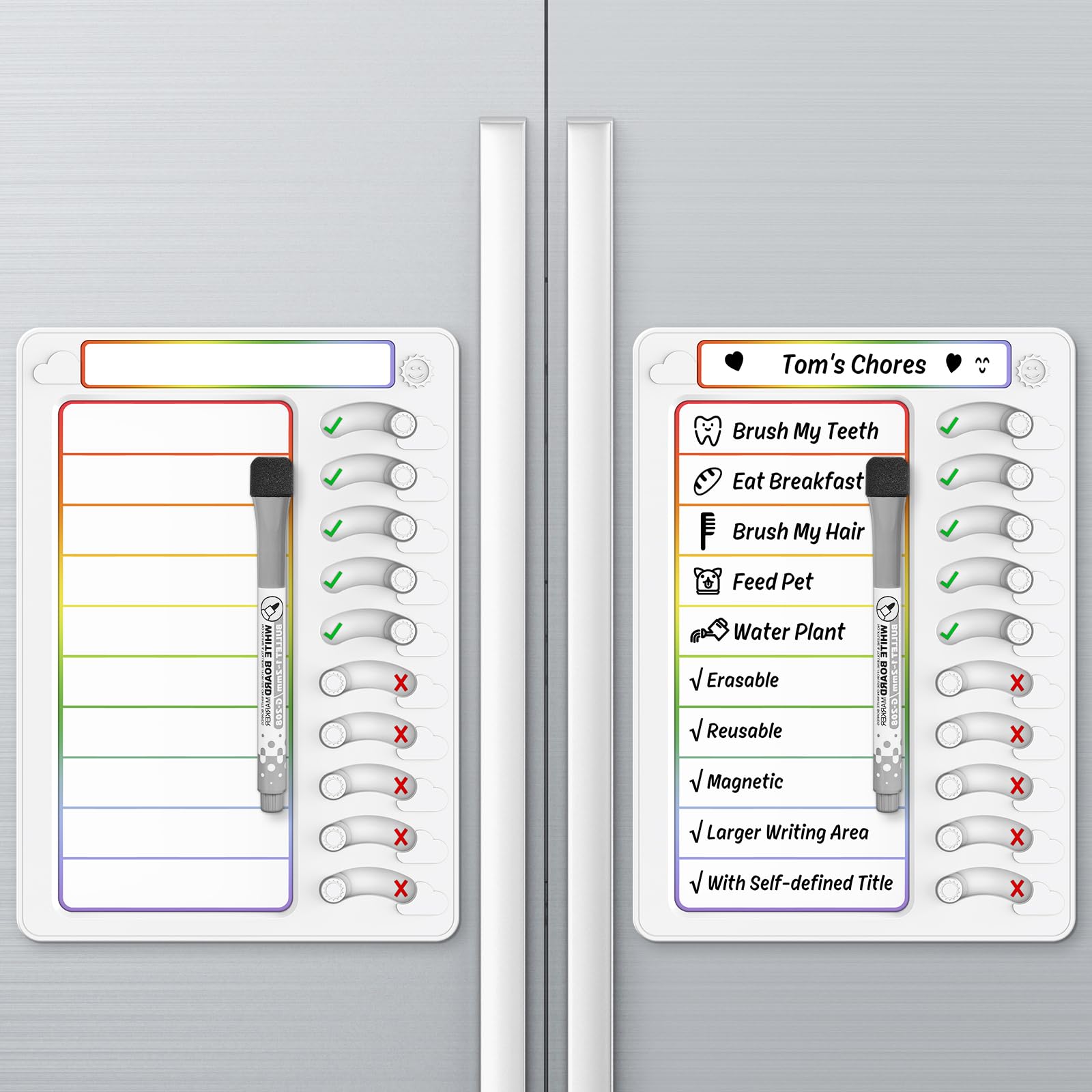 Chore Chart for Kids Dry Erase Chore Board ADHD Tools for Kids to Do List Checklist Task Board Routine Chart Planning Board for Fridge with 10 Sliders and Magnetic Marker, White and Rainbow, 2 Pack