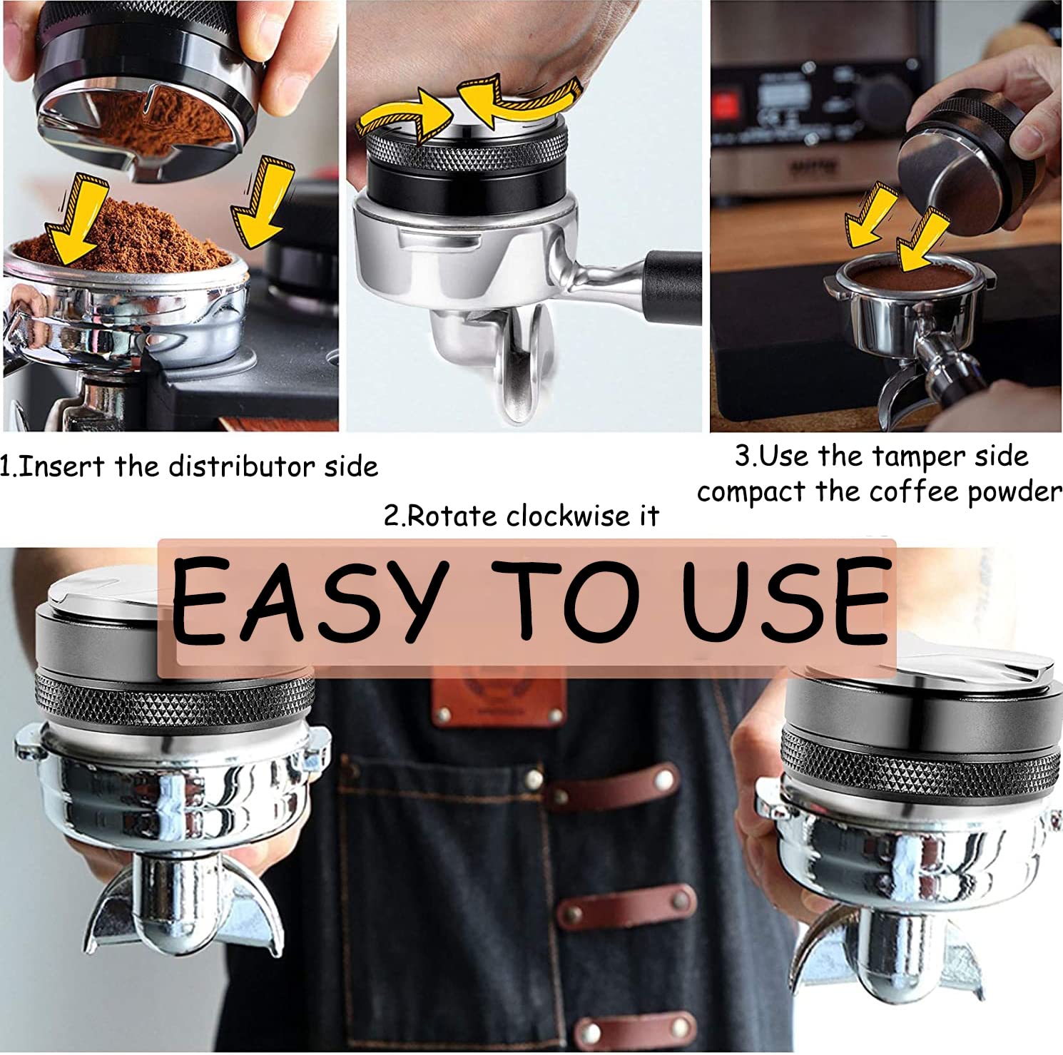 53mm Coffee Distributor and Tamper Compatible with Breville 54mm Portafilter, Dual Head Espresso Distributor Tamper Tool, Adjustable Depth, Stainless Steel, Professional Espresso Accessories