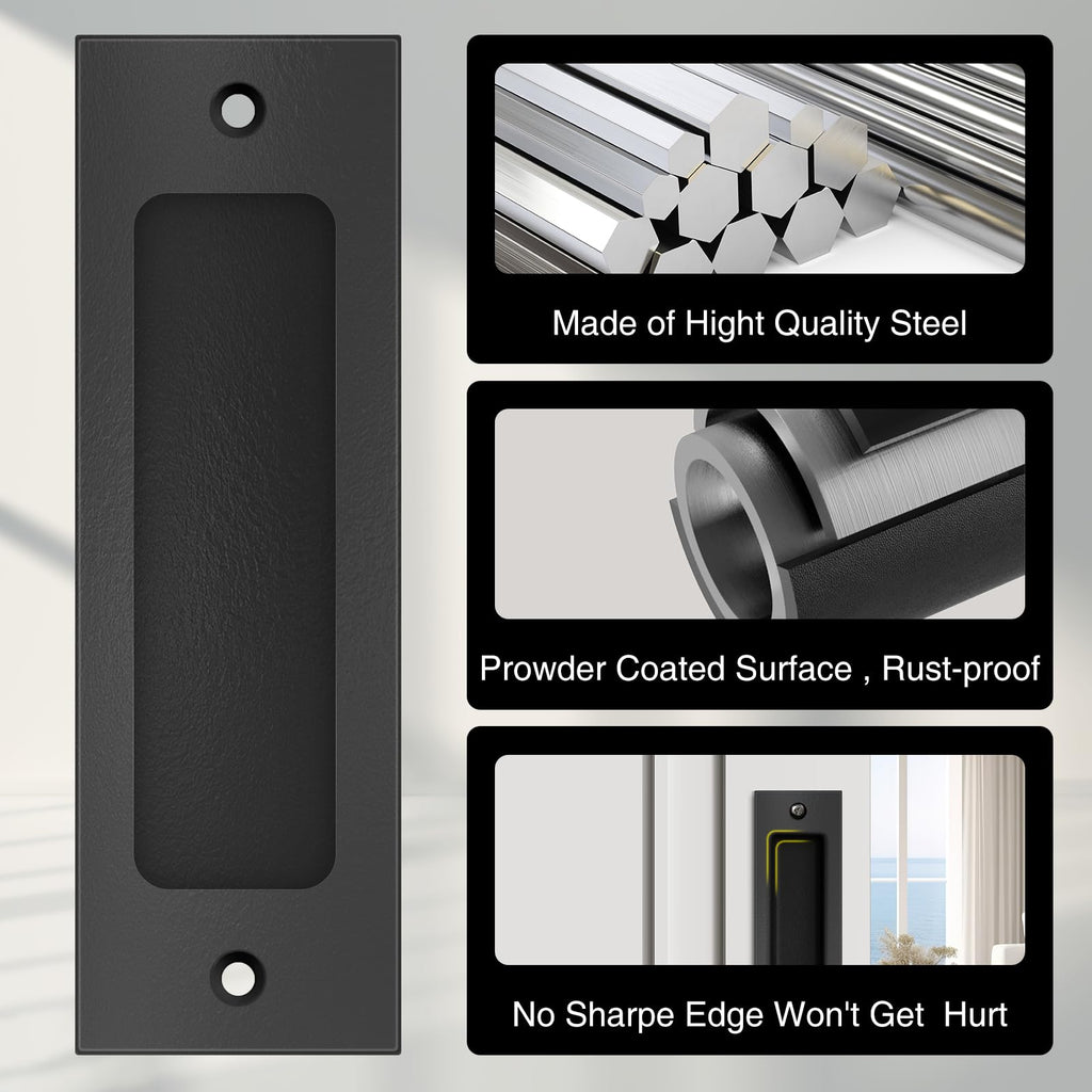 Sliding Barn Door Handle Set | 6 Inch Finger Flush Pulls for Closet Pocket & Cabinets Doors | Pull Recessed Handle Rectangular Plate | Matte Black Finish | Mounting Hardware Included