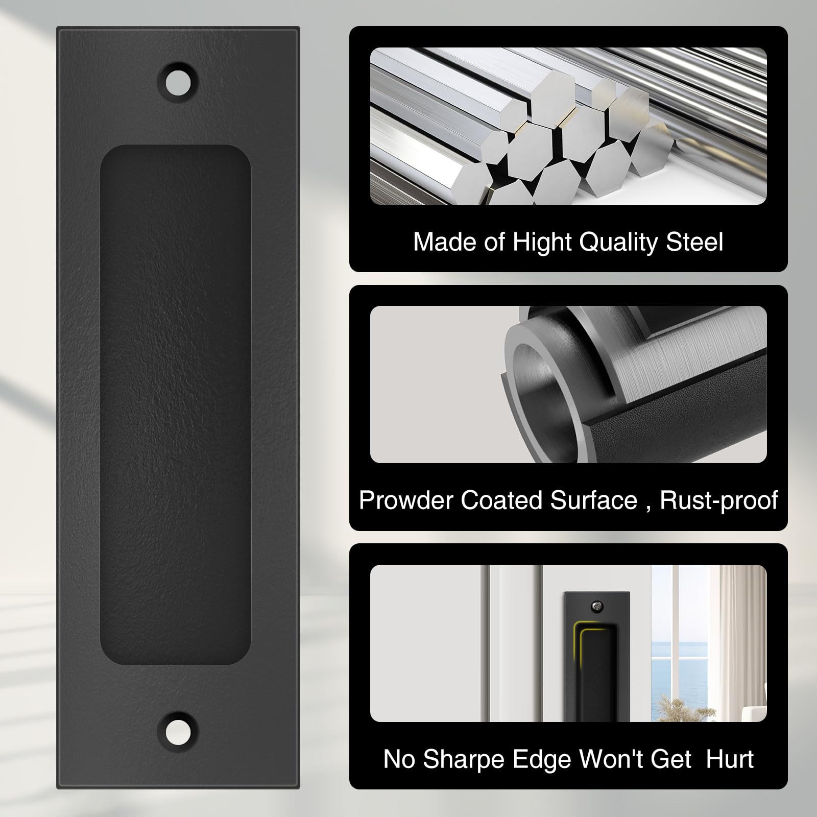 Sliding Barn Door Handle Set | 6 Inch Finger Flush Pulls for Closet Pocket & Cabinets Doors | Pull Recessed Handle Rectangular Plate | Matte Black Finish | Mounting Hardware Included