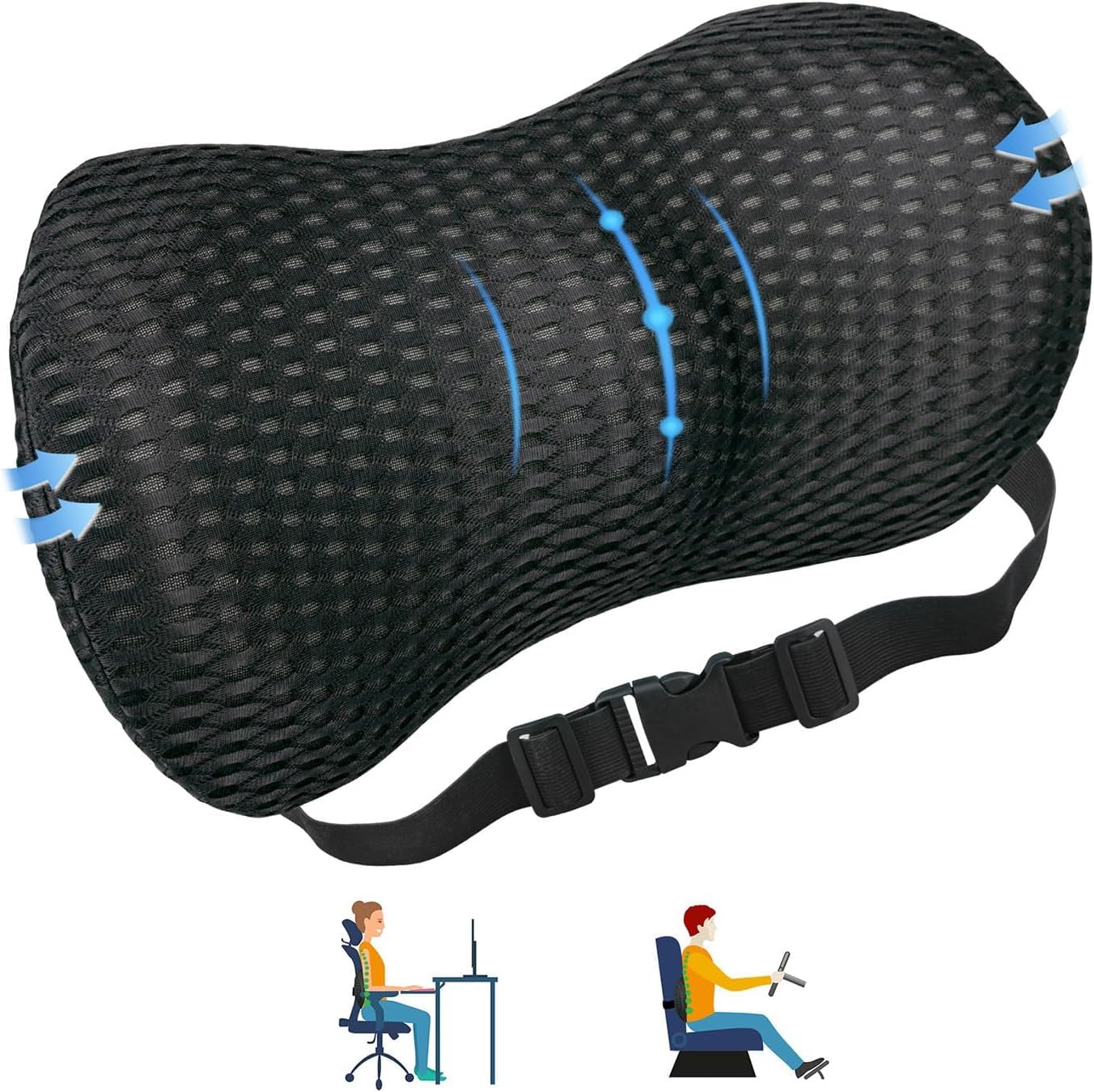 AsBellt Lumbar Support Memory Foam Pillow with Adjustable Elastic Strap, Improves Posture, Promotes Back Pain Relief, Great for Car Seat, Office Chair, Back Support, Recliner and Bed