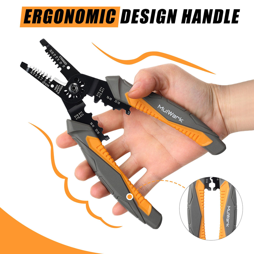 MulWark Upgraded 8" Heavy Duty Multi-Purpose Electrical Wire Stripping Tool (22 AWG - 8 AWG) Strippers, Snips, Crimpers & Pliers Insulated with Cutter, Best Tool for Professional Electrician