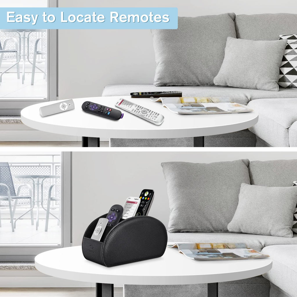 Fintie Remote Control Holder with 5 Compartments, Vegan Leather TV Remote Caddy Desktop Organizer Fits TV Remotes, Media Controllers, Office Supplies, Makeup Brush, Black
