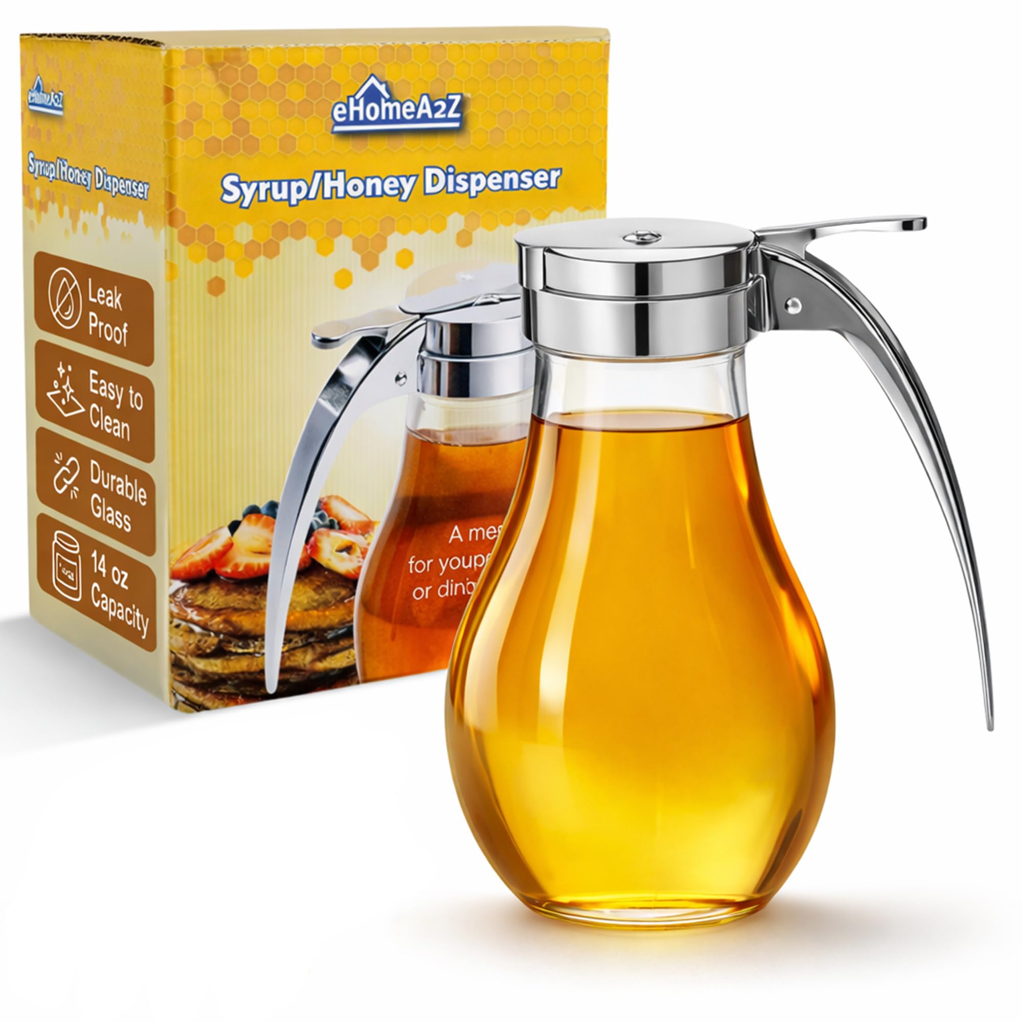 EHOMEA2Z Commercial-Grade Tempered Glass Honey Dispenser, 14 Ounce Honey Jar with Metal Top, Essential Honey Jars, Convenient Honey Container, Leak-Proof Glass Honey Dispenser