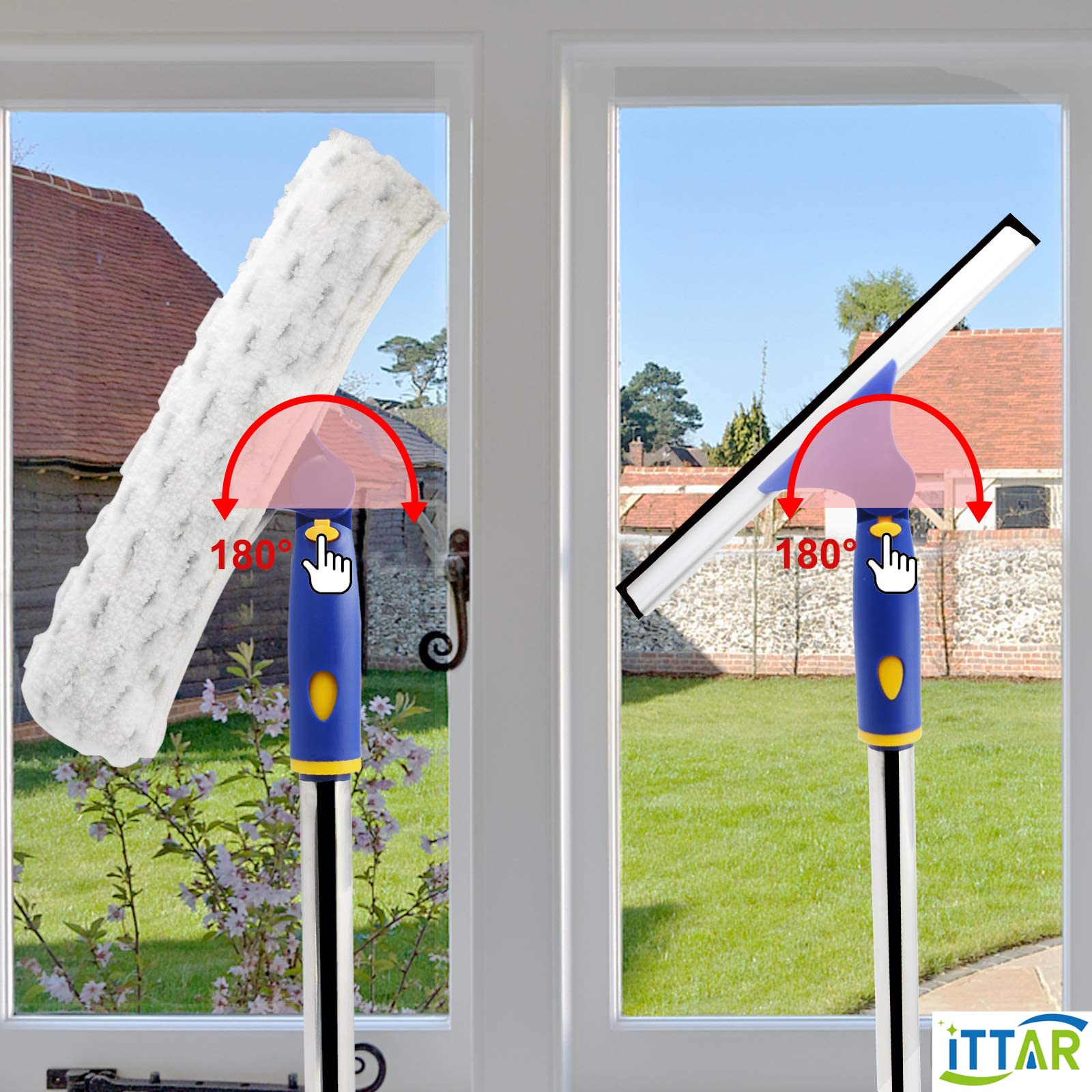 ITTAR Window Cleaner Squeegee,Rotatable Squeegee and Microfiber Scrubber with Extendable 3 Section Stainless Steel Pole,Window Cleaning Tool with 2 Microfiber Pads for Shower Glass Door,Car Windshield