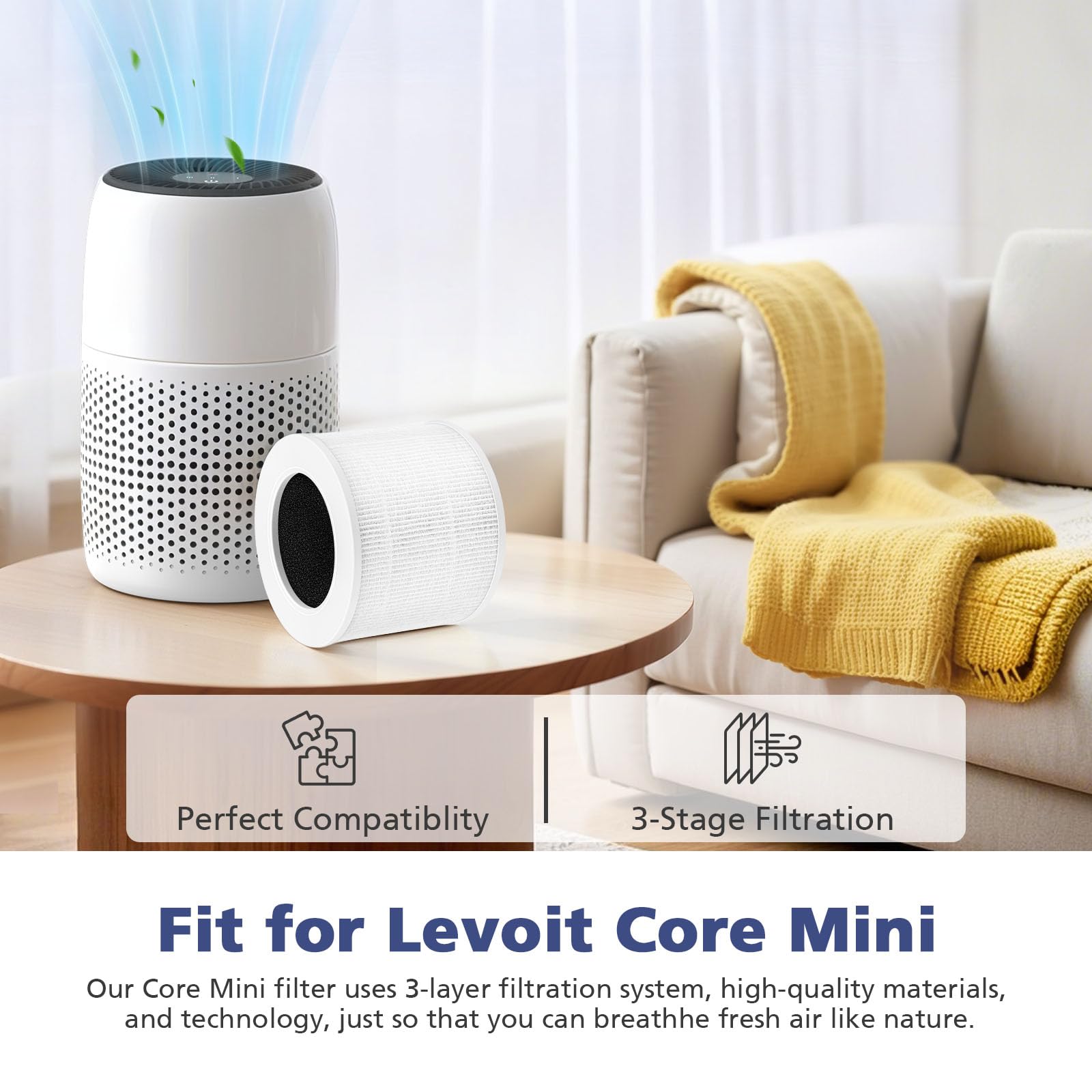 2-Pack Core Mini Filter Compatible with LEVOIT Core Mini Air Purifie-r, 3-in-1 Efficiency Activated Carbon Pre-filter for LEVOIT Core Mini Replacement Filter