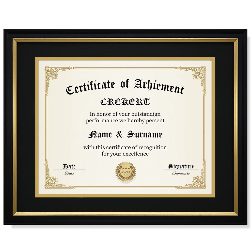 CREKERT Diploma Frame 11x14 College Degree Frame Solid Wood Shatter-Resistant Glass for Documents Certificate Blackgold Frame 8.5x11 with Mat (Black Mat, 1 Pack)