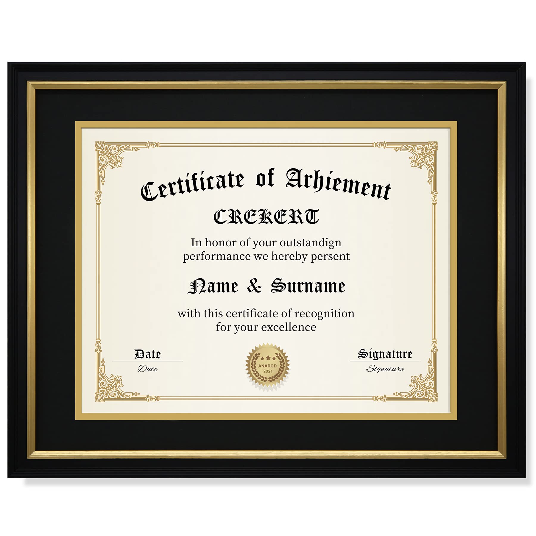 CREKERT Diploma Frame 11x14 College Degree Frame Solid Wood Shatter-Resistant Glass for Documents Certificate Blackgold Frame 8.5x11 with Mat (Black Mat, 1 Pack)