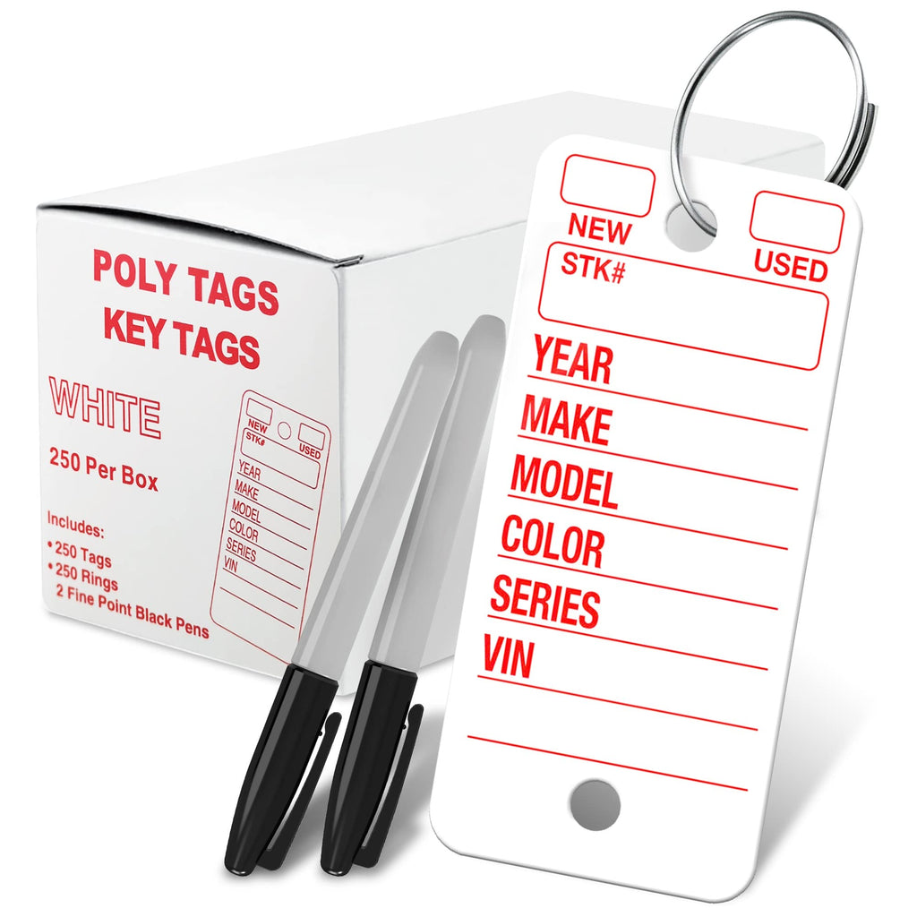 Poly Tag Car Key Tags with Ring (White) 250 Count. Includes 250 Rings and 2 Fine Point Pens and 250 Tags.