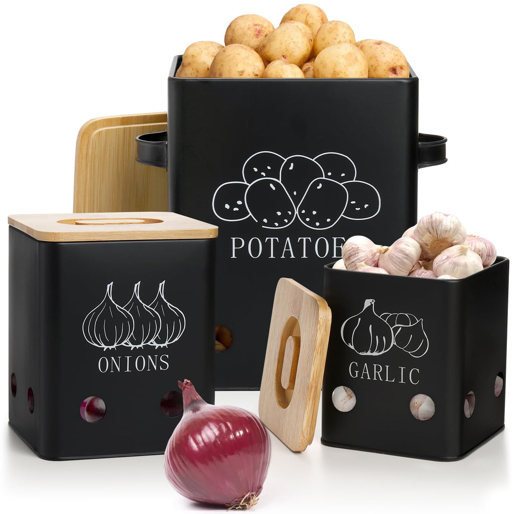 WUWEOT 3 Pack Vegetable Storage Tins, Potato Onion Garlic Storage Canister, Black Metal Vegetable Fresh Keeper Caddy, Kitchen Pantry Organizer Jars with Bamboo Lid and Aerating Holes
