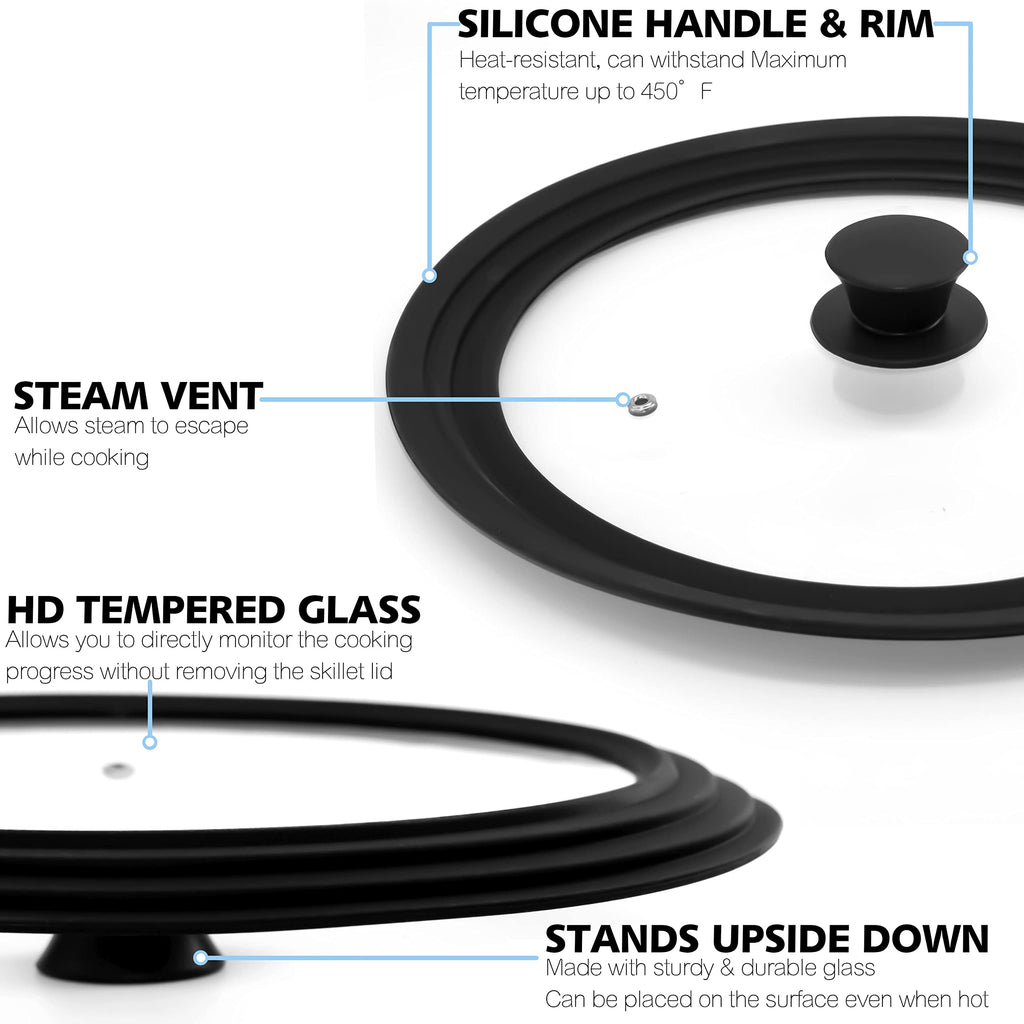 Anaeat Silicone Universal Lid for Pots, Pans and Skillets - Tempered Glass with Heat Resistant Silicone Rim Fits 10", 11" and 12" Diameter Cookware -Easy to Use Replacement Frying Pan Cover
