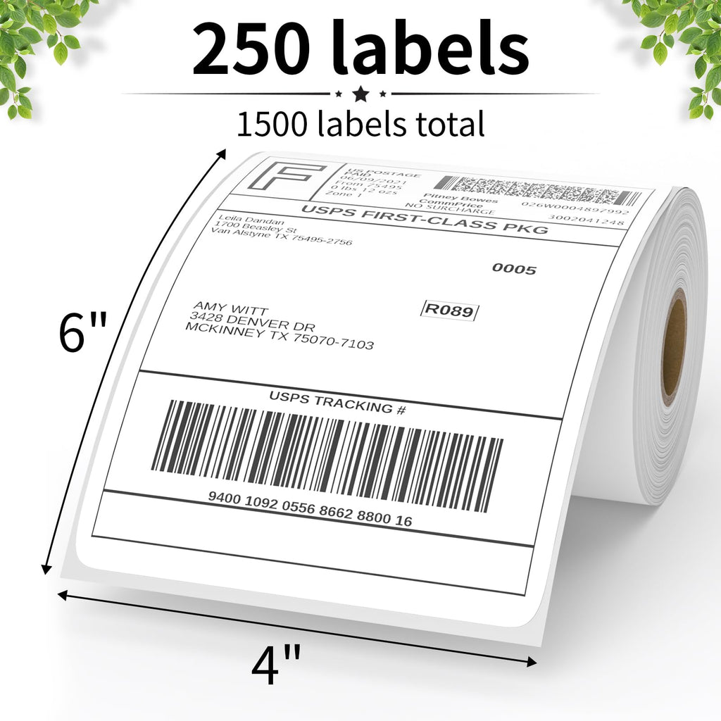 FungLam 6 Rolls 4"x6" Direct Thermal Shipping Labels, Perforated Postage Thermal Label Paper, 250 Labels/Roll, Compatible with JADENS, iDPRT,MUNBYN and Rollo Printers, Total 1500 Labels