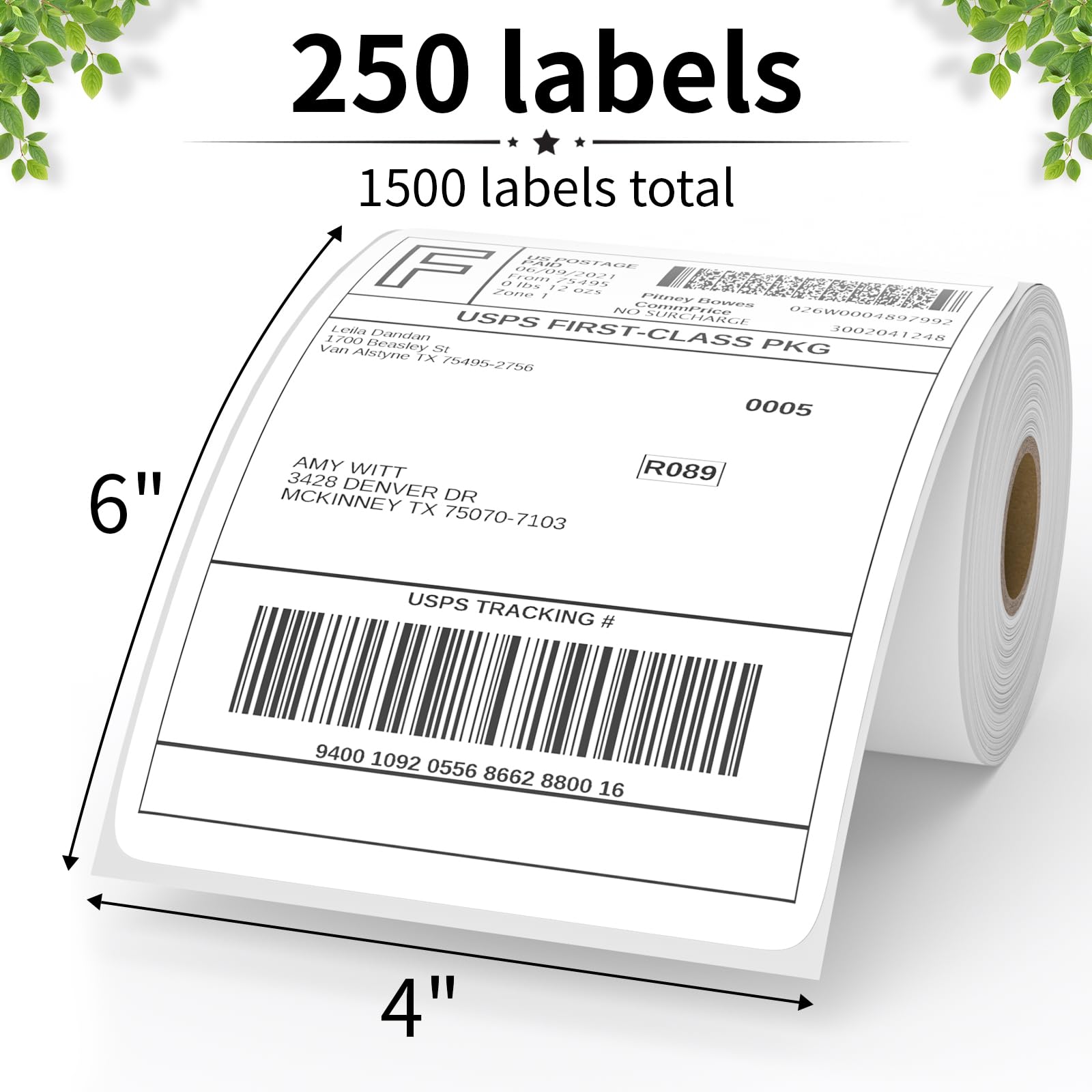 FungLam 6 Rolls 4"x6" Direct Thermal Shipping Labels, Perforated Postage Thermal Label Paper, 250 Labels/Roll, Compatible with JADENS, iDPRT,MUNBYN and Rollo Printers, Total 1500 Labels
